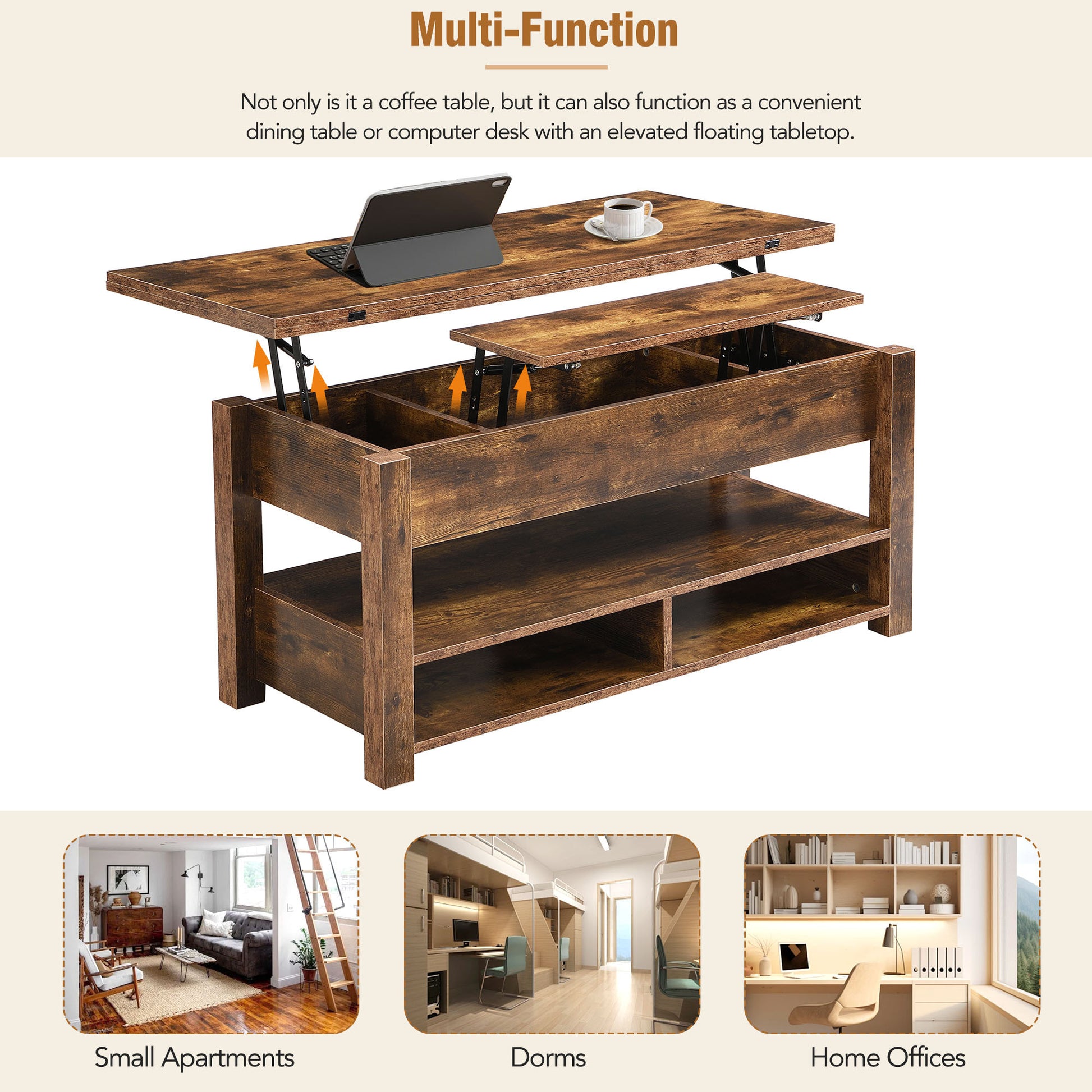 Lift Top Coffee Table, Multi Functional Coffee Table With Open Shelves, Modern Lift Tabletop Dining Table For Living Room, Home Office, Rustic Brown Rustic Brown Primary Living Space Particle Board