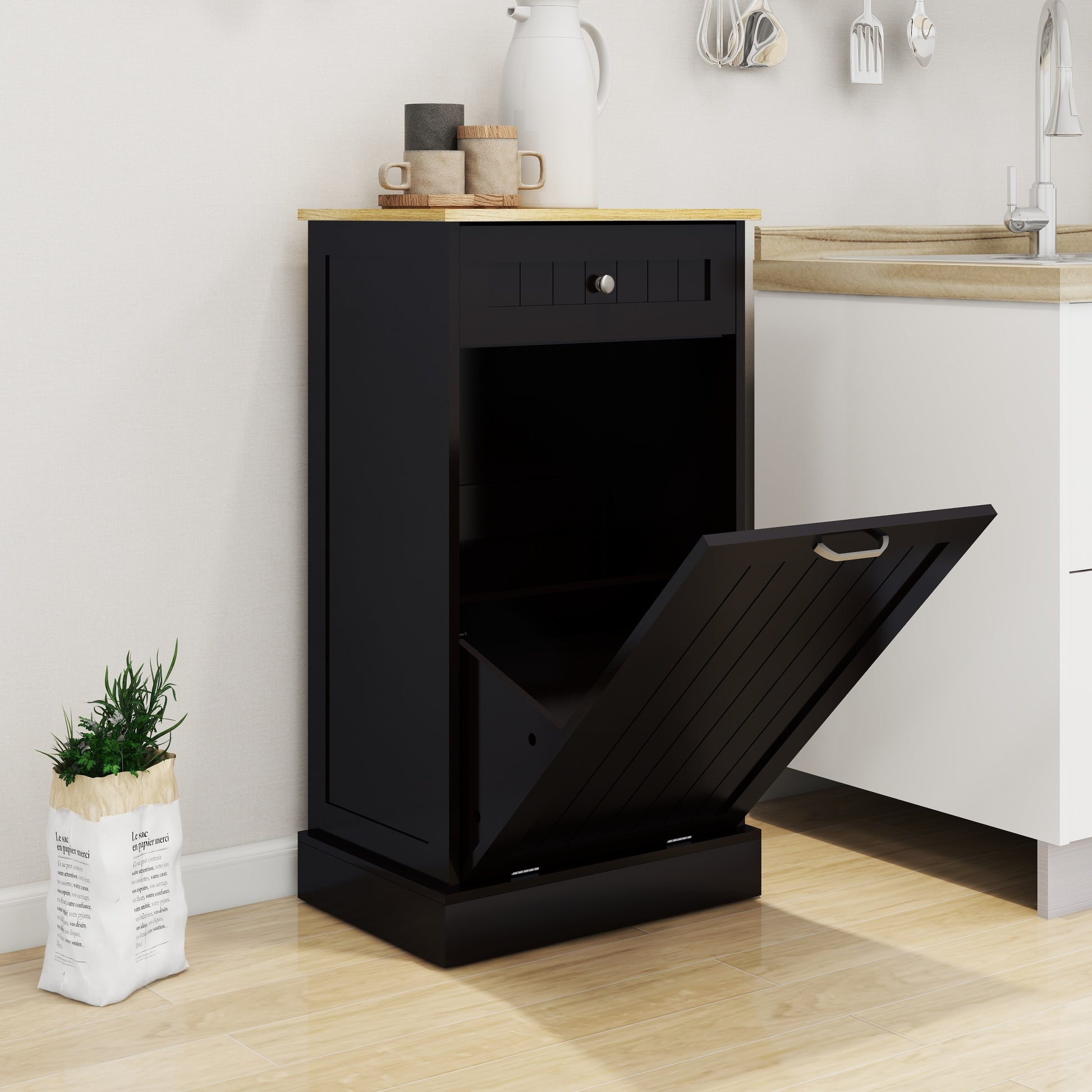 One Drawers And One Compartment Tilt Out Trash Cabinet Kitchen Trash Cabinet Black Black Mdf