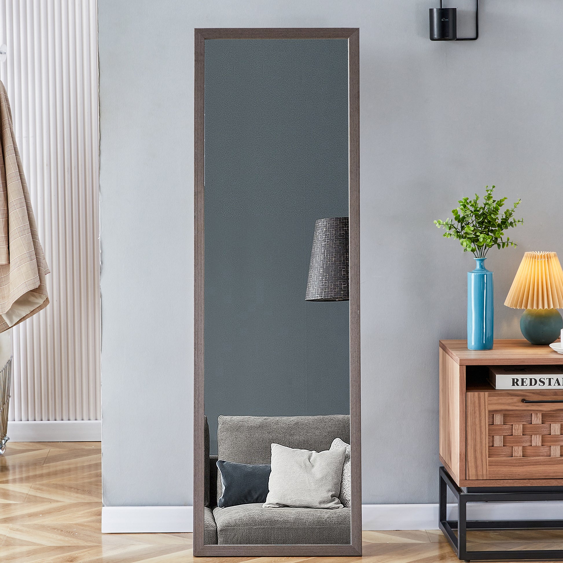 Third Generation Packaging Upgrade, Thickened Frame, Gray Wood Grain Solid Wood Frame Full Length Mirror, Dressing Mirror, Bedroom Entrance, Decorative Mirror, Floor Standing Mirror. 57.9 "* 18.1" Gray Solid Wood