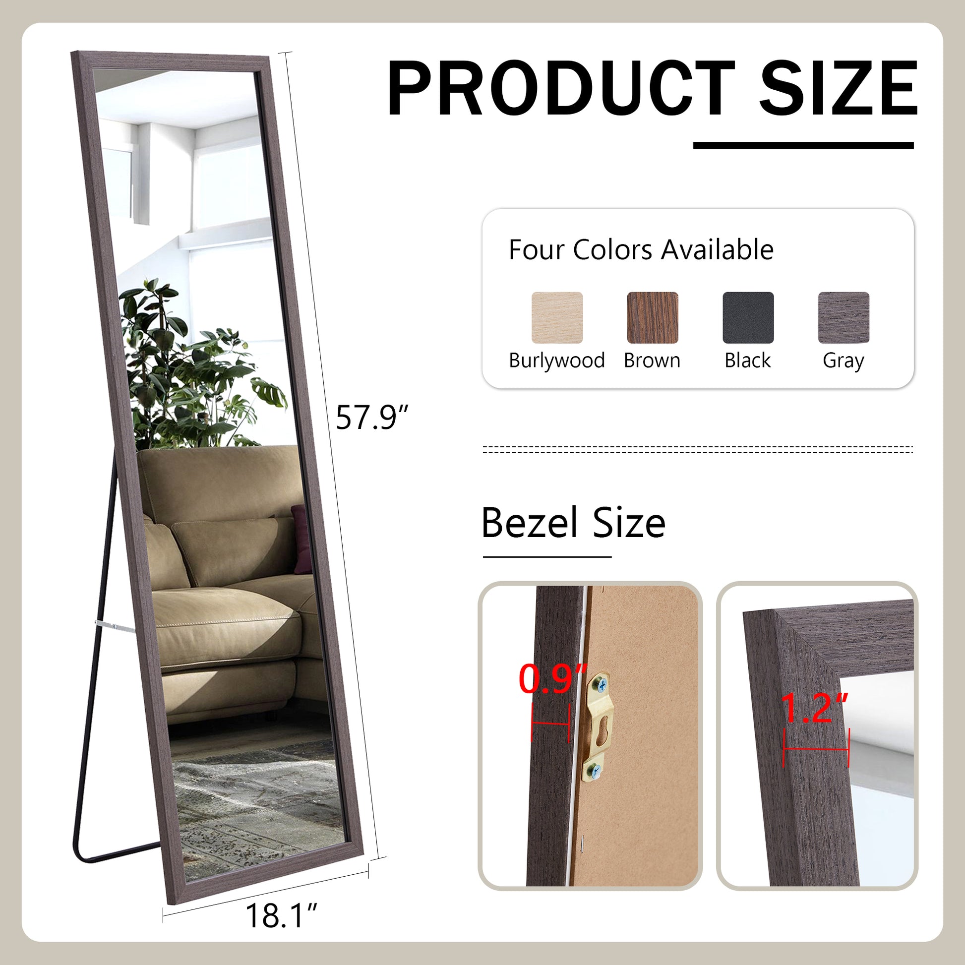 Third Generation Packaging Upgrade, Thickened Frame, Gray Wood Grain Solid Wood Frame Full Length Mirror, Dressing Mirror, Bedroom Entrance, Decorative Mirror, Floor Standing Mirror. 57.9 "* 18.1" Gray Solid Wood