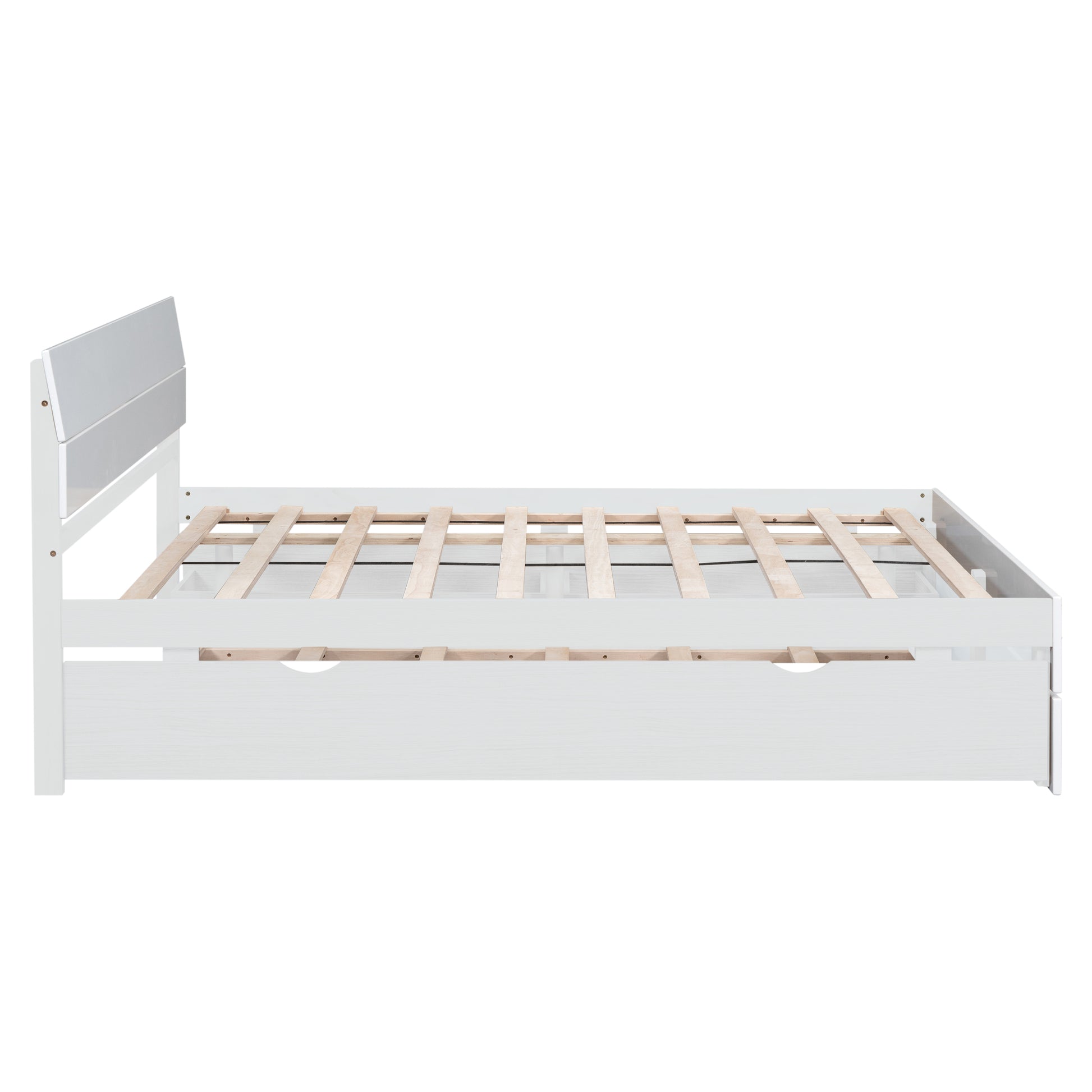 Modern Full Bed Frame With Twin Size Trundle And 2 Drawers For White High Gloss And Washed White Color White Solid Wood Mdf