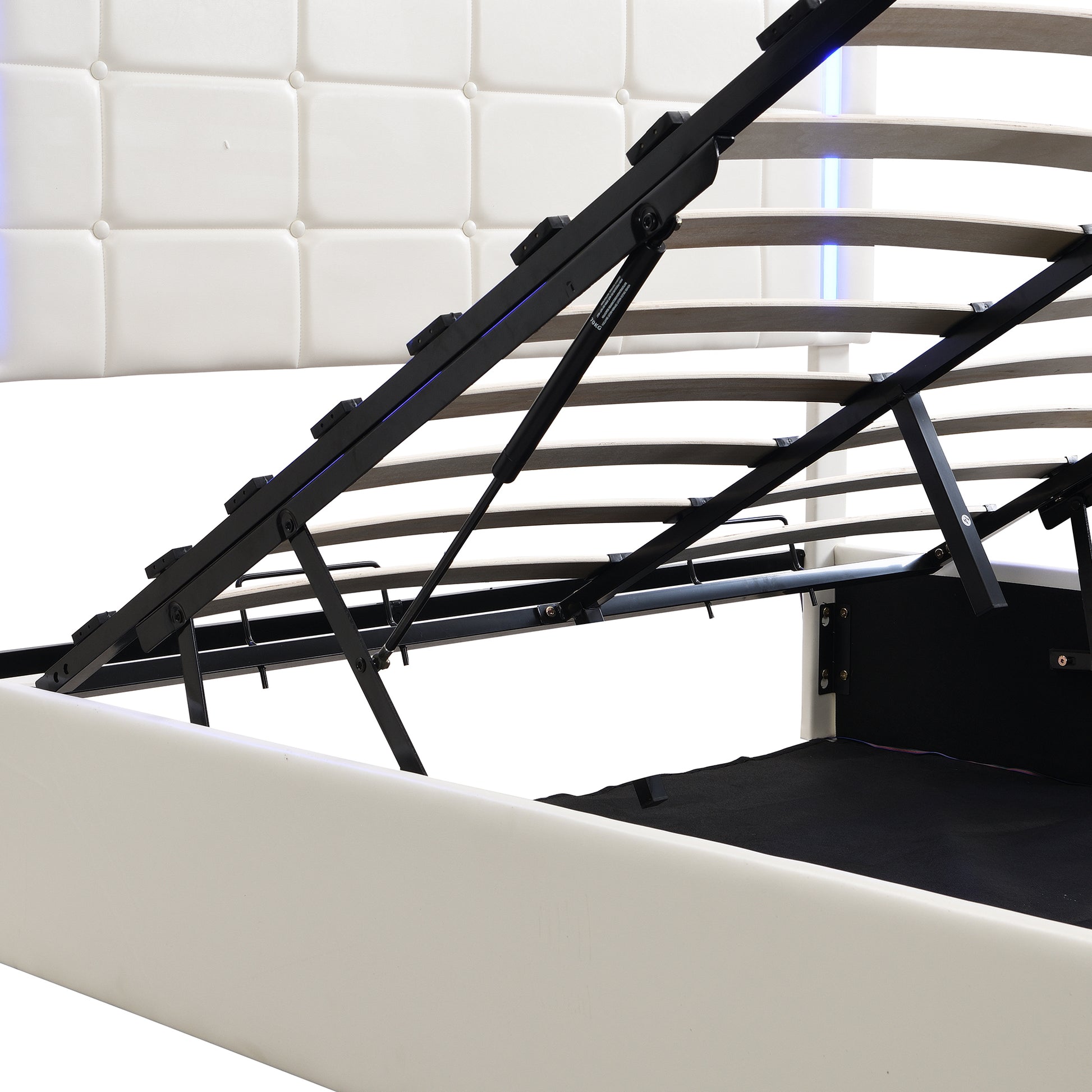 Queen Size Upholstered Bed With Led Lights,Hydraulic Storage System And Usb Charging Station,White White Pu