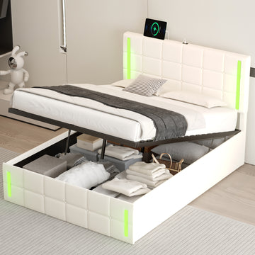 Full Size Upholstered Bed With Led Lights,Hydraulic Storage System And Usb Charging Station,White White Pu