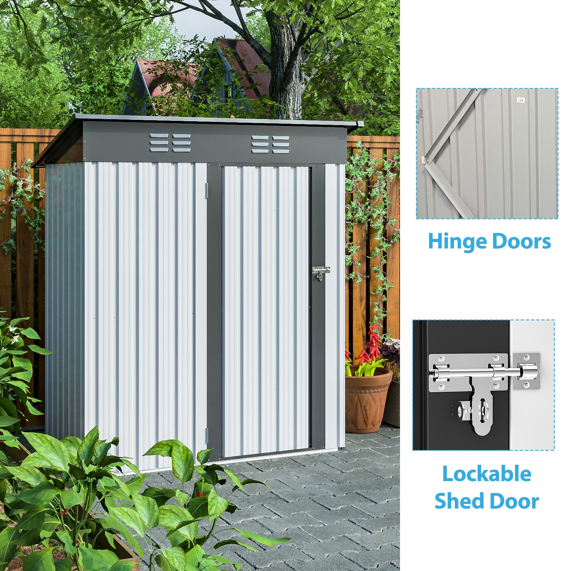 5 X 3 Ft Outdoor Storage Shed, Galvanized Metal Garden Shed With Lockable Doors, Tool Storage Shed For Patio Lawn Backyard Trash Cans White Metal