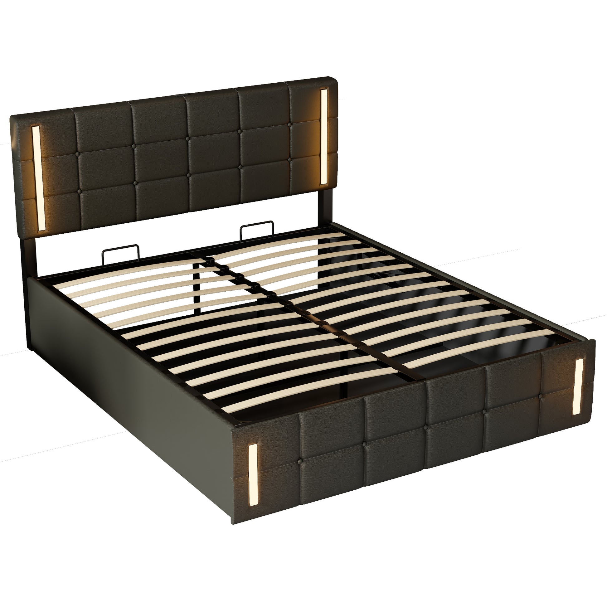 Full Size Upholstered Bed With Led Lights,Hydraulic Storage System And Usb Charging Station,Black Black Pu