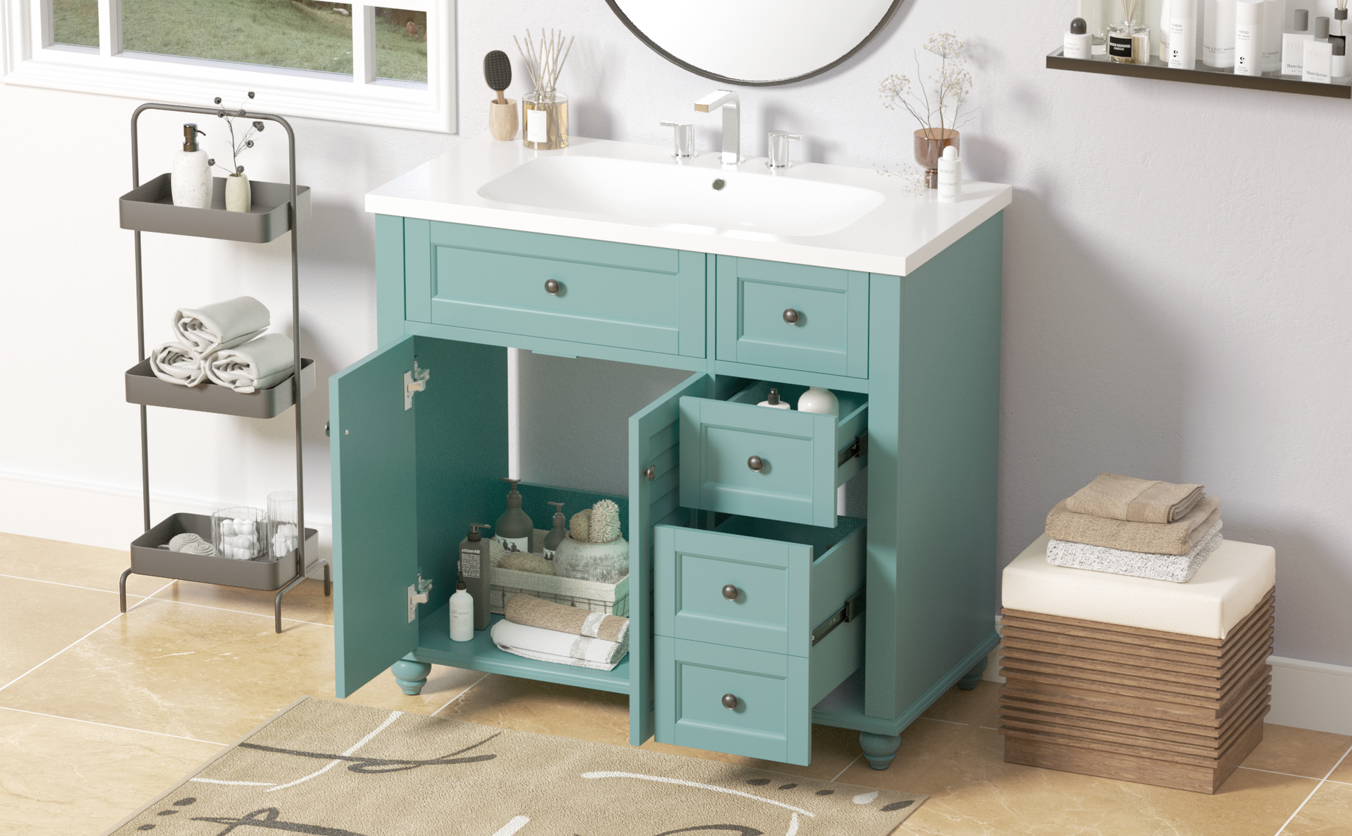 36'' Bathroom Vanity With Undermount Sink,Free Standing Vanity Set With 2 Drawers& Soft Closing Doors,Solid Wood Frame Bathroom Storage Cabinet Same As Sw000117Aaf Blue Green Bathroom Modern Solid