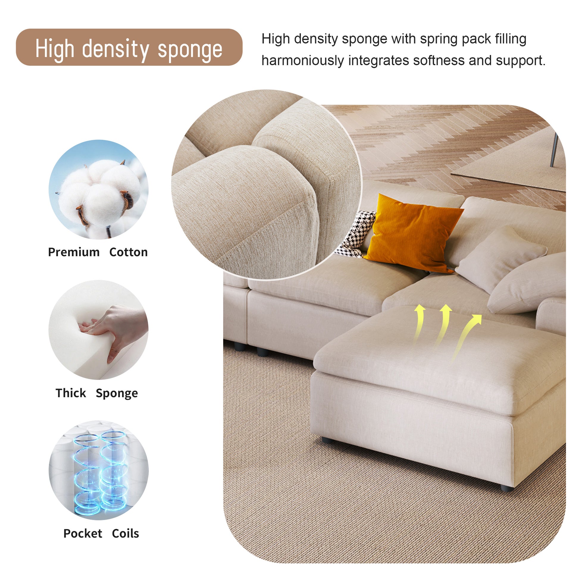 Oversized Modular Sectional Sofa With Ottoman L Shaped Corner Sectional For Living Room, Office, Spacious Space Beige Polyester 7 Seat