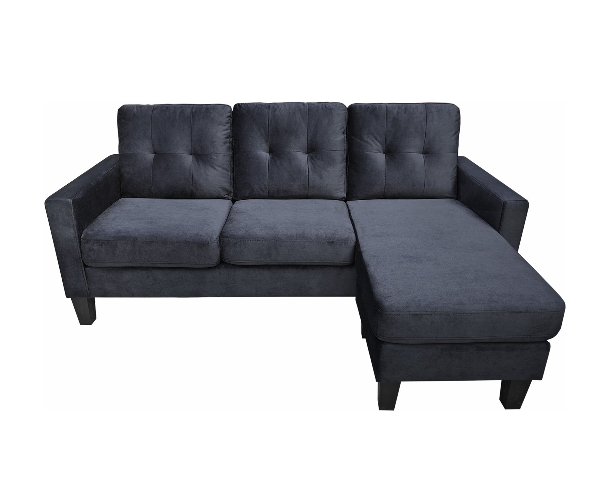 Everett 72.5" Black Velvet Reversible Sectional Sofa Chaise Black Velvet