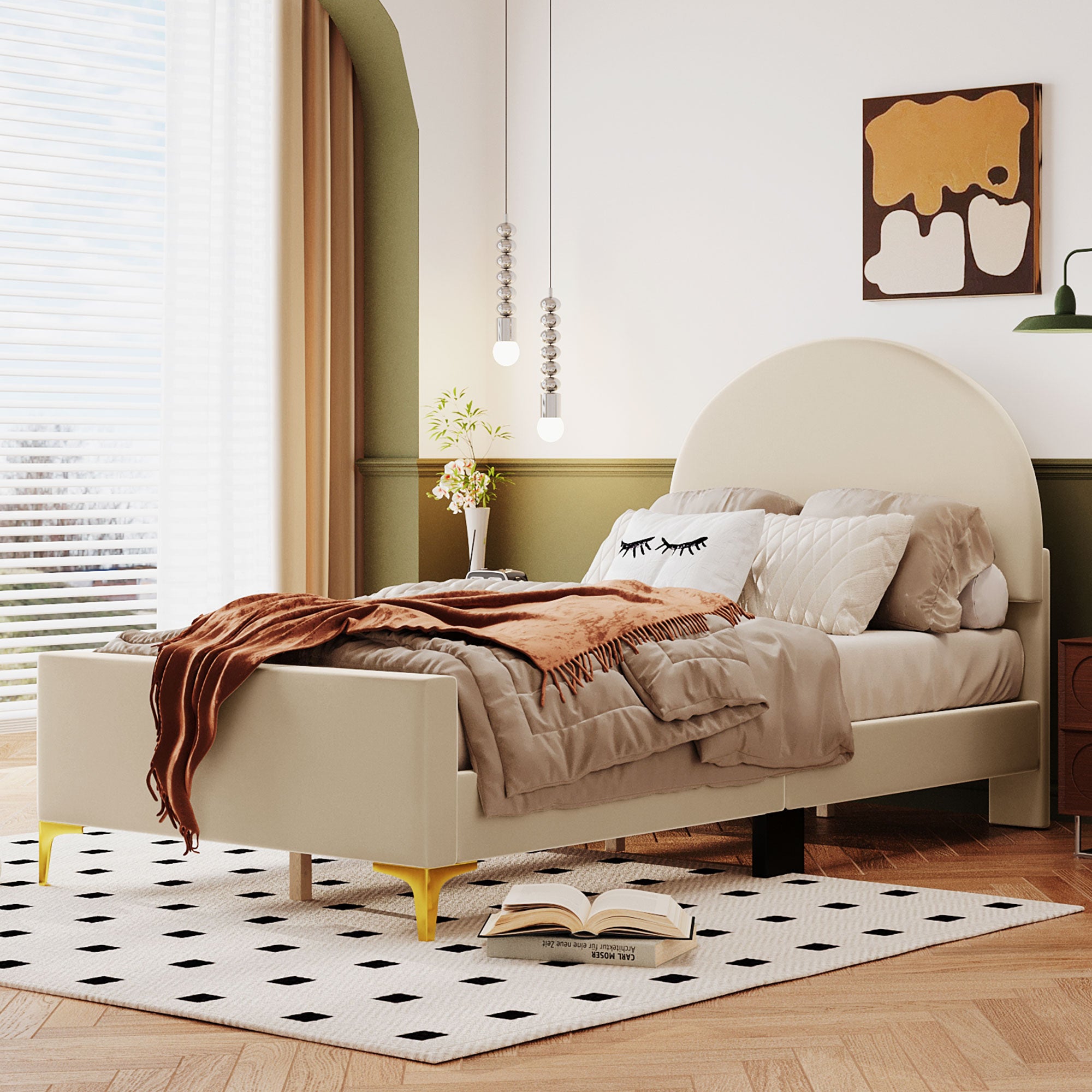 Twin Size Upholstered Platform Bed With Classic Semi Circle Shaped Headboard And Mental Legs, Velvet, Beige Beige Velvet