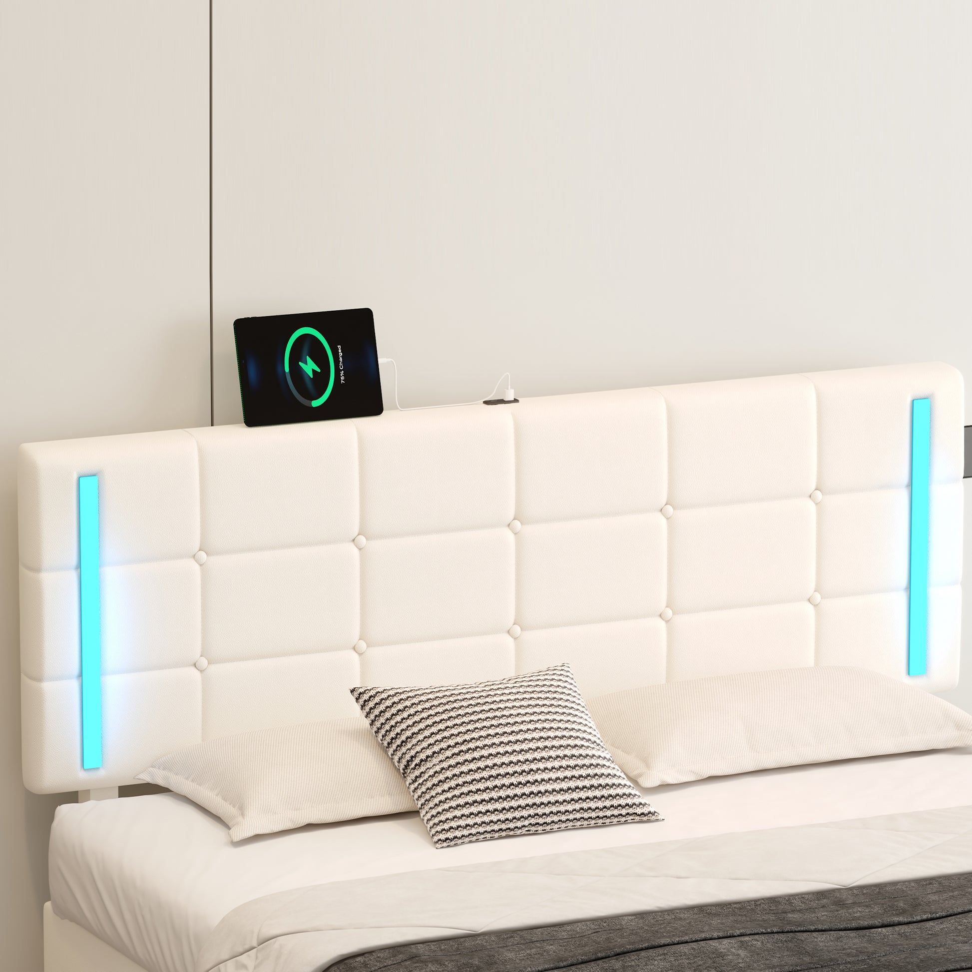 Full Size Upholstered Bed With Led Lights,Hydraulic Storage System And Usb Charging Station,White White Pu