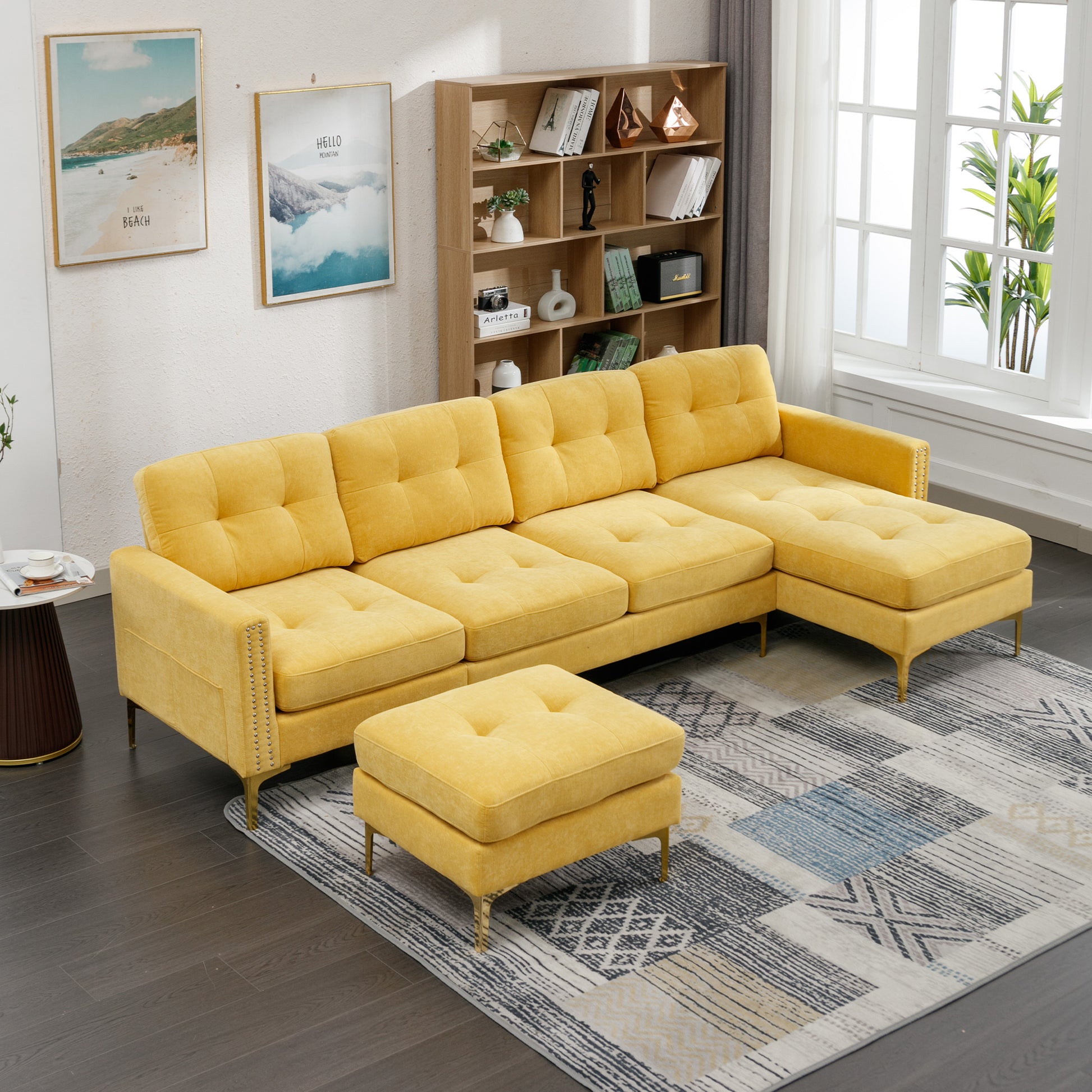 110" L Shape Convertible Sectional Sofa Couch With Movable Ottoman For Living Room, Apartment, Office, Yellow Yellow Foam Velvet 4 Seat