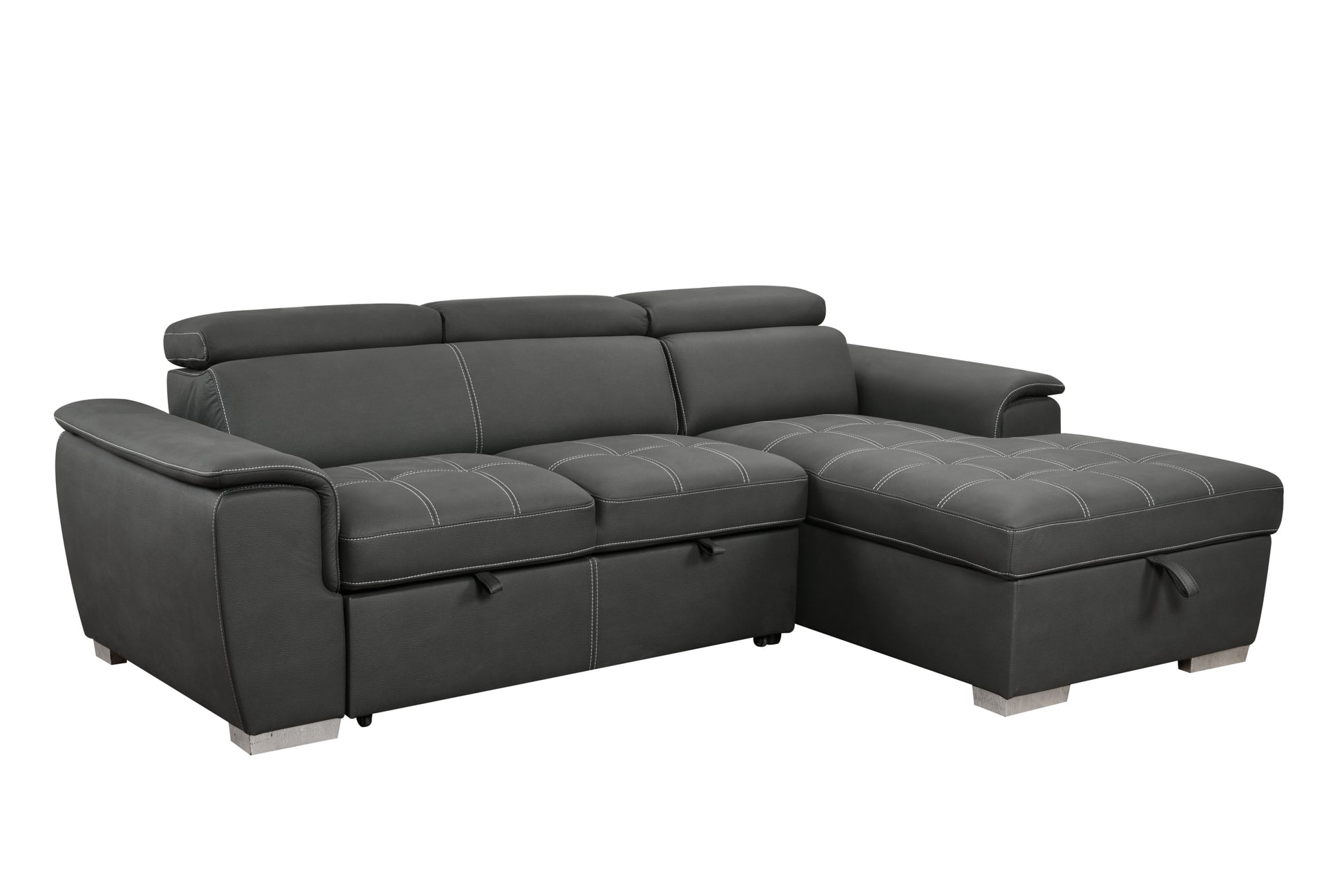 97 Inch Convertible Sectional Sofa With Storage Chaise, Adjustable Headrests, Contemporary L Shaped Sleeper Corner Sectional Sofa With A Pull Out Bed ,Gray Light Brown Wood Primary Living Space Heavy Duty Eucalyptus 3 Seat Gray Microfiber Soft Cushion