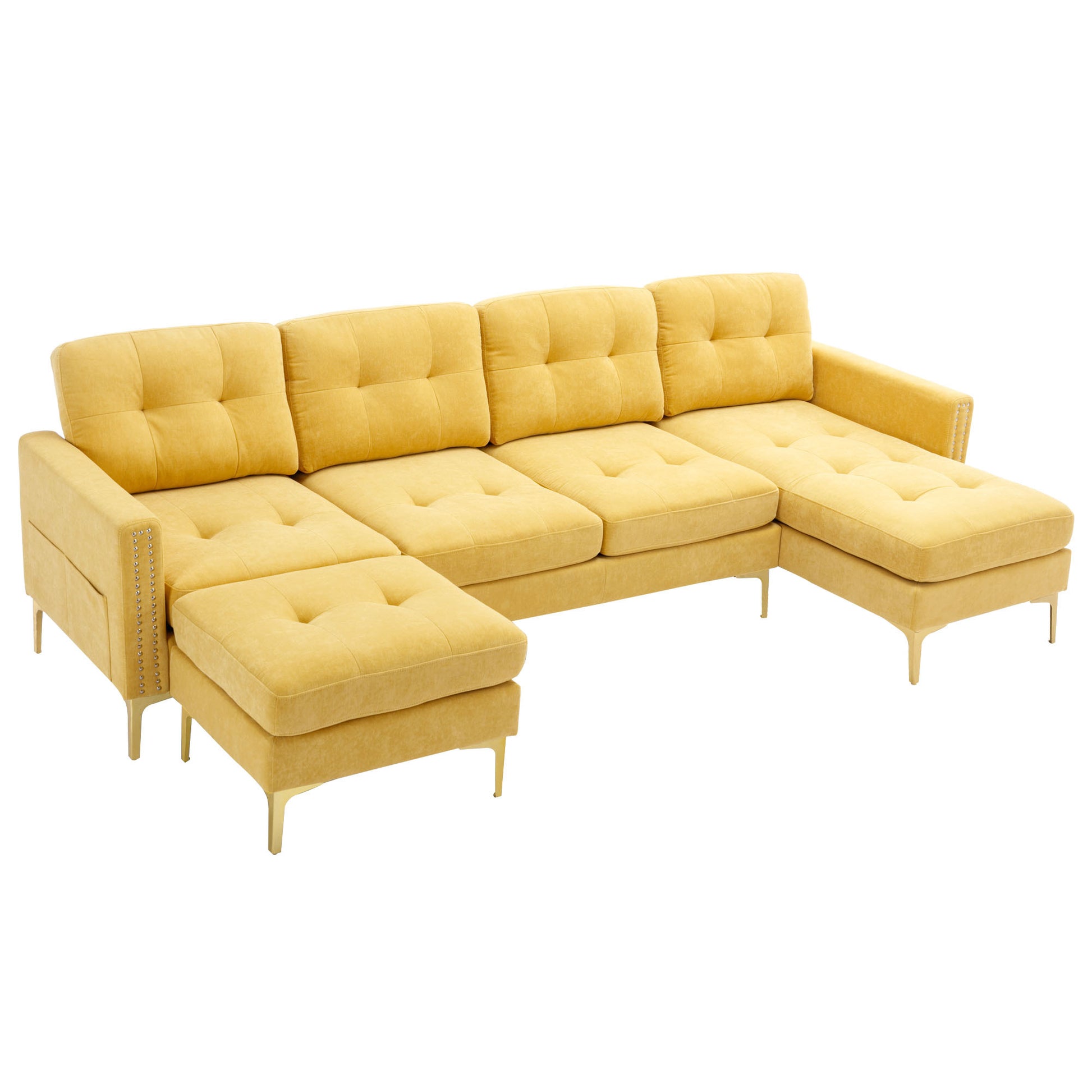 110" L Shape Convertible Sectional Sofa Couch With Movable Ottoman For Living Room, Apartment, Office, Yellow Yellow Foam Velvet 4 Seat