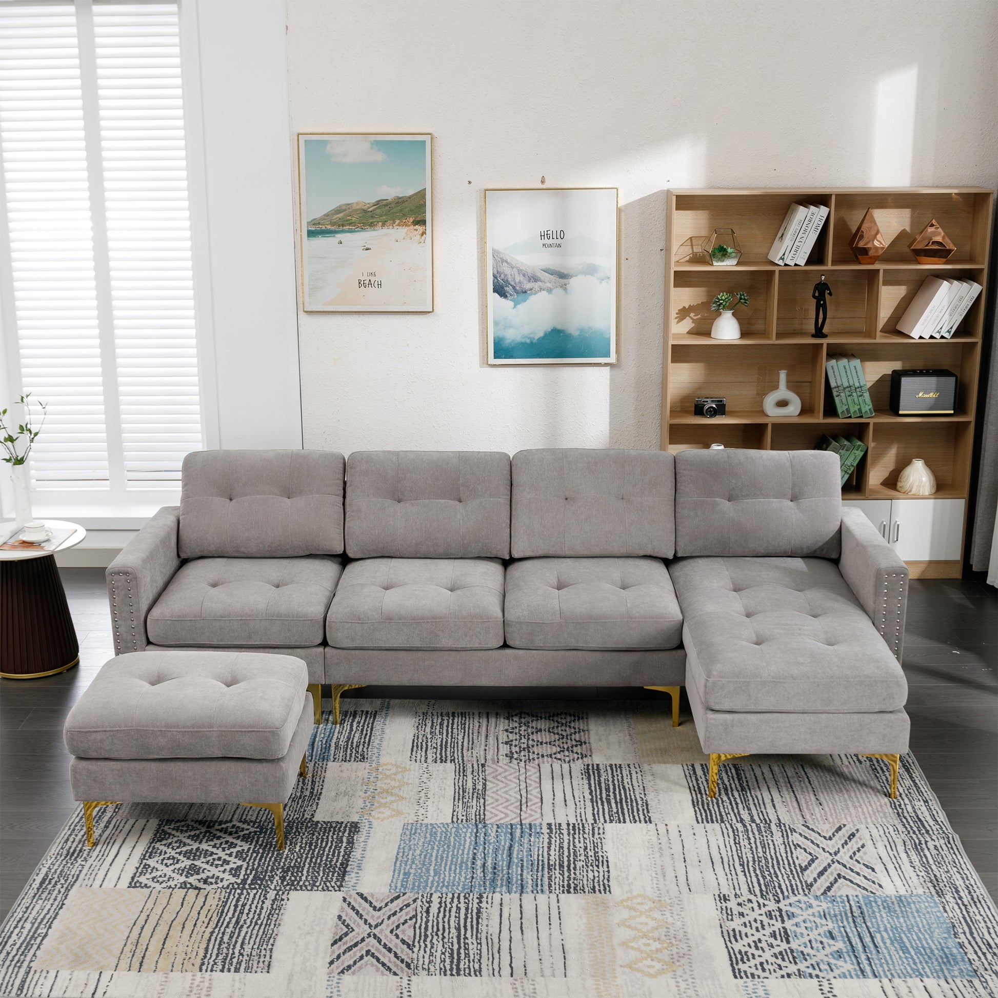 110" L Shape Convertible Sectional Sofa Couch With Movable Ottoman For Living Room, Apartment, Office, Light Grey Light Grey Foam Velvet 4 Seat