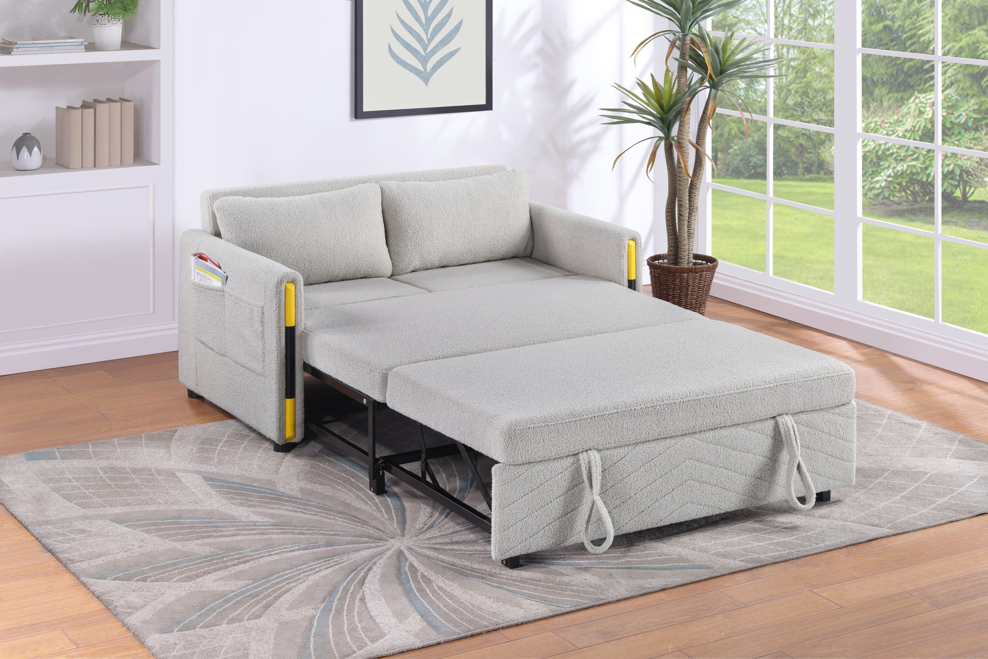 Percy 55.5"W Beige Teddy Velvet Sleeper Loveseat With Dual Pull Sleeper Design Beige Fabric