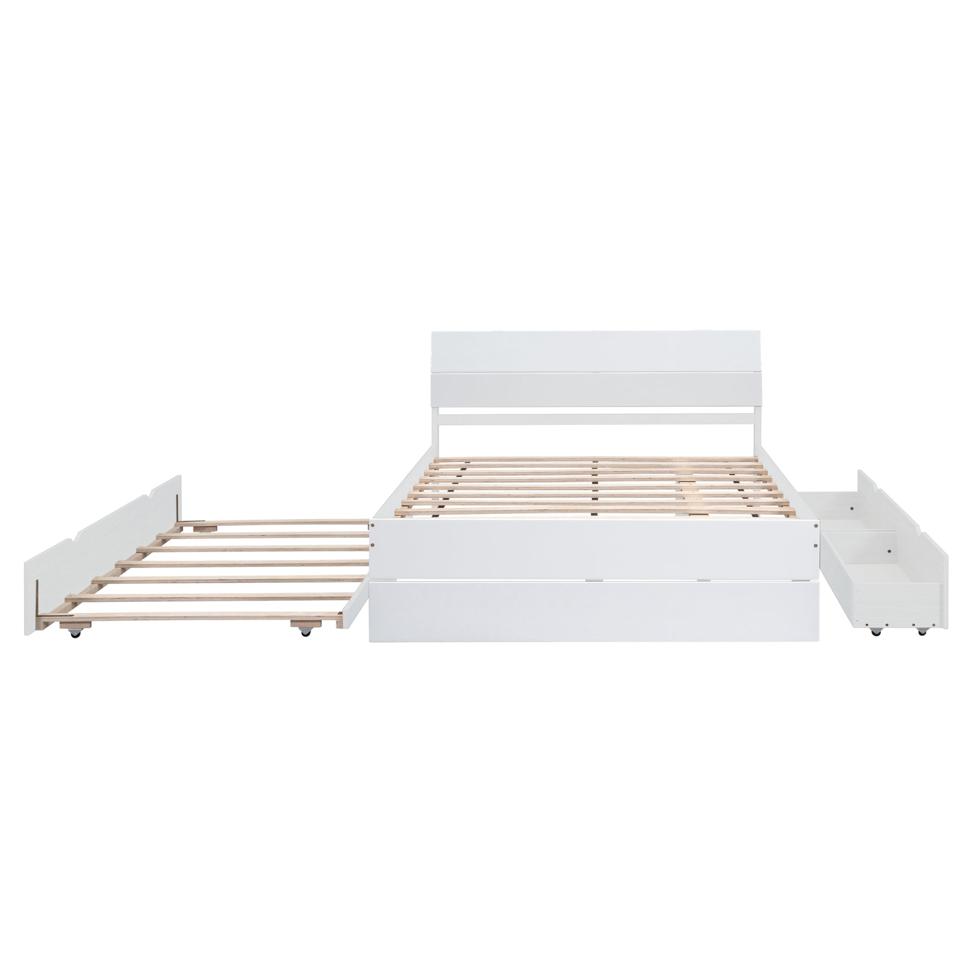 Modern Full Bed Frame With Twin Size Trundle And 2 Drawers For White High Gloss And Washed White Color White Solid Wood Mdf