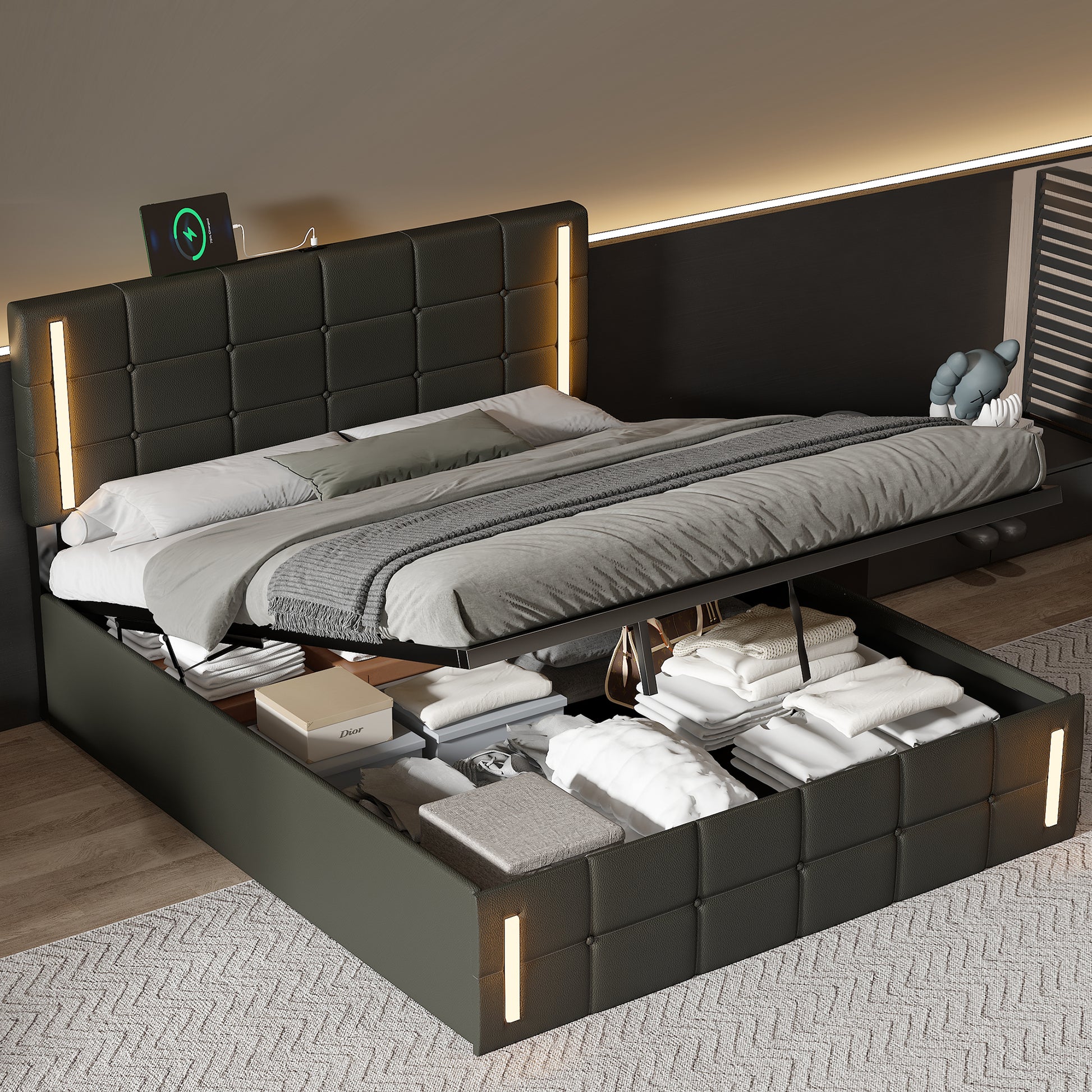 Queen Size Upholstered Bed With Led Lights,Hydraulic Storage System And Usb Charging Station,Black Black Pu