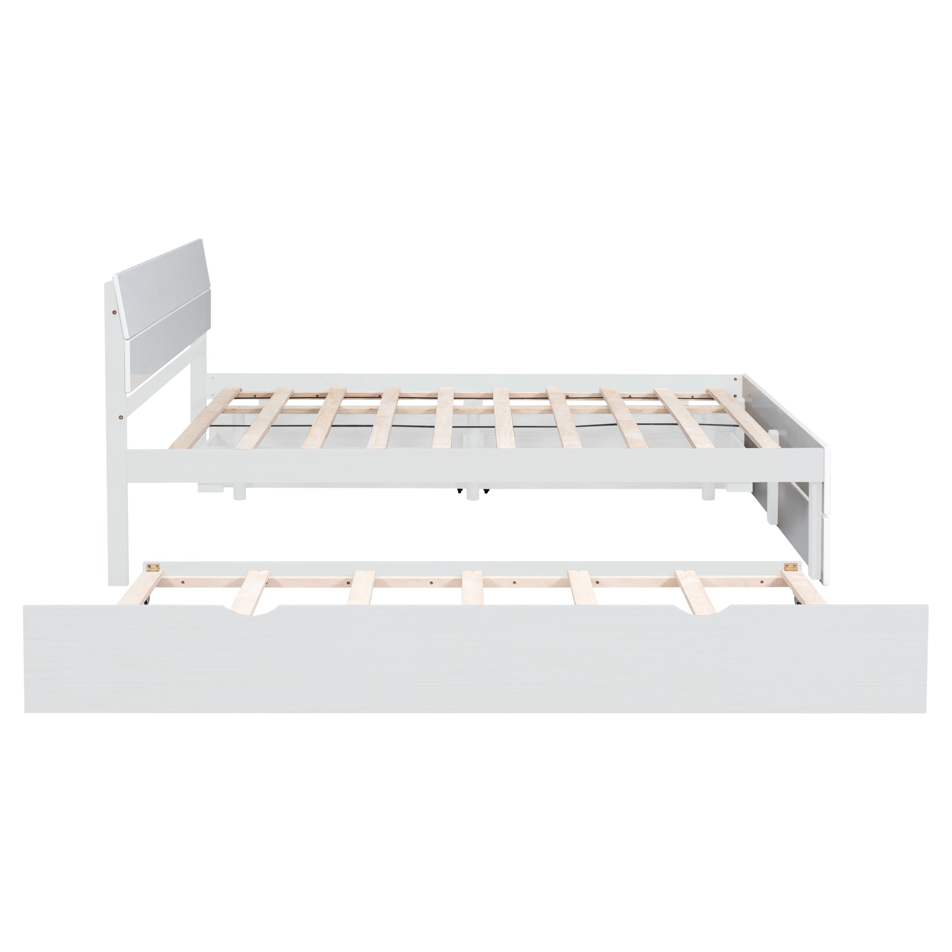 Modern Full Bed Frame With Twin Size Trundle And 2 Drawers For White High Gloss And Washed White Color White Solid Wood Mdf