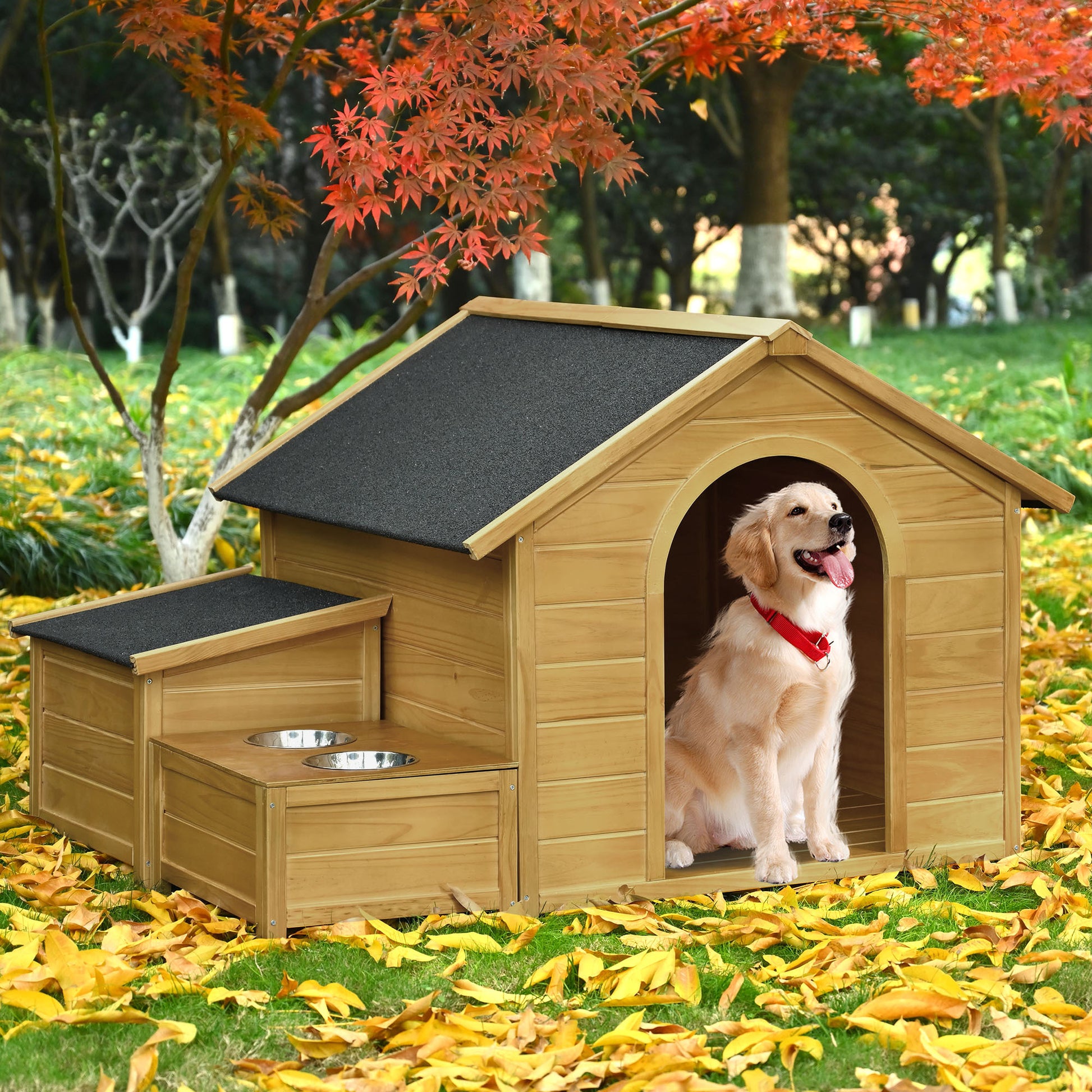 51.18" L X 43.7" W X 37" H Large Size Wooden Dog House, Dog Crate For Large Dog Breeds, Cabin Style Raised Dog Shelter With Asphalt Roof, Solid Wood, Weatherproof, Nature Natural Wood Outdoor Kennel Large 41 70 Lbs Pine