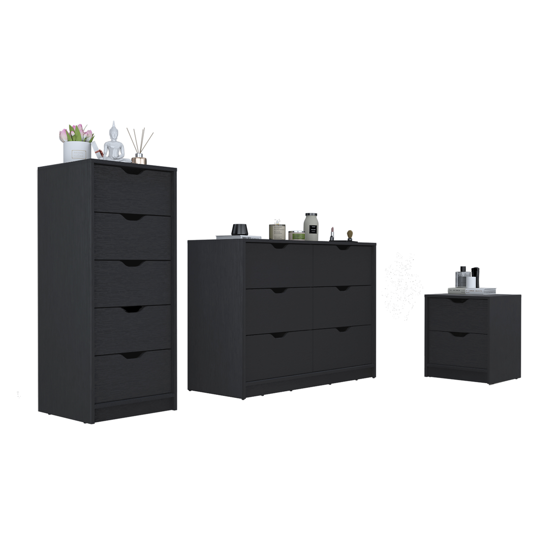 Stockley 3 Piece Bedroom Set, Nightstand Dresser Dresser, Black Black Particle Board Engineered Wood