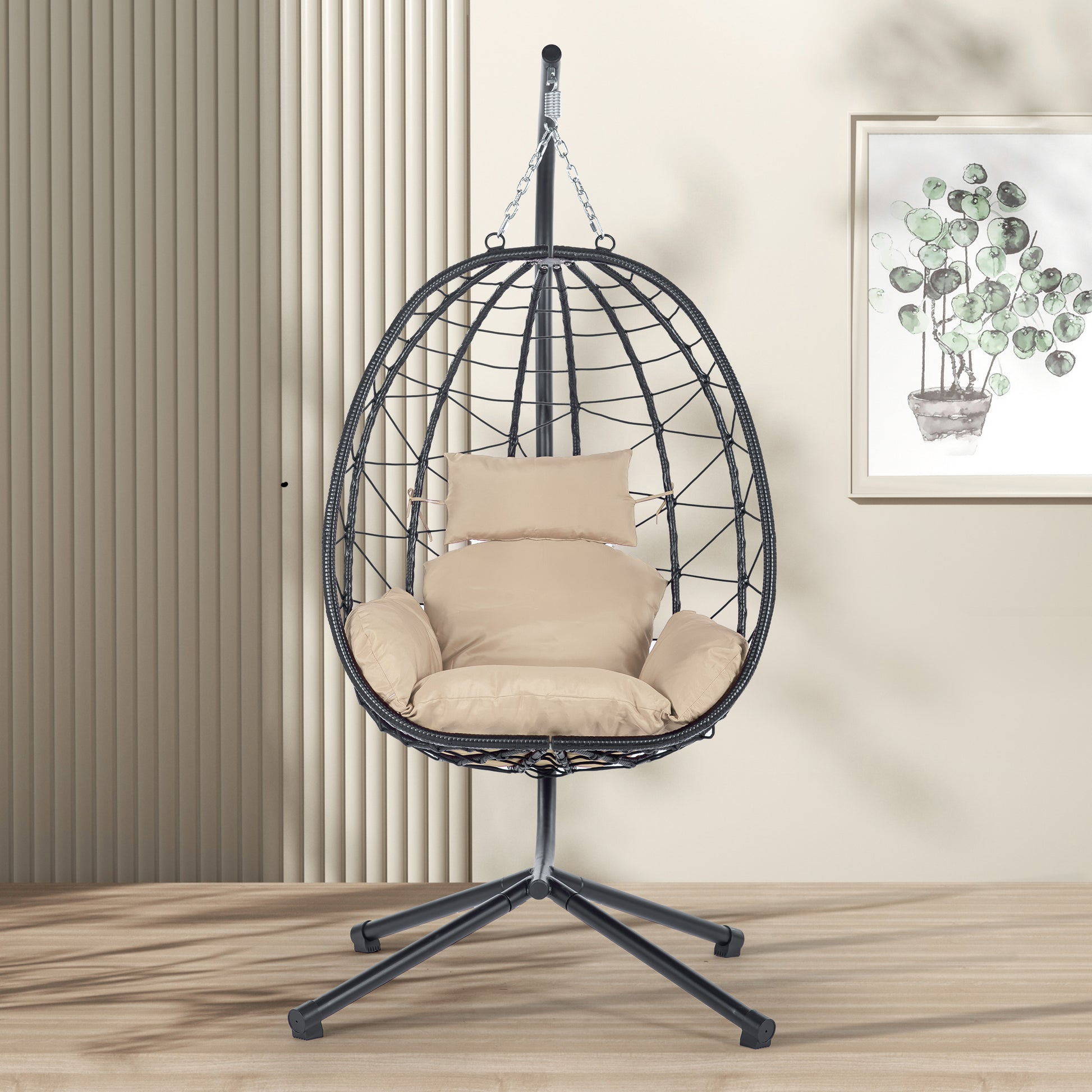 Egg Chair With Stand Indoor Outdoor Swing Chair Patio Wicker Hanging Egg Chair Hanging Basket Chair Hammock Chair With Stand For Bedroom Living Room Balcony Yes Sectional Beige Rust Resistant Frame Water Resistant Cushion Garden & Outdoor American Design