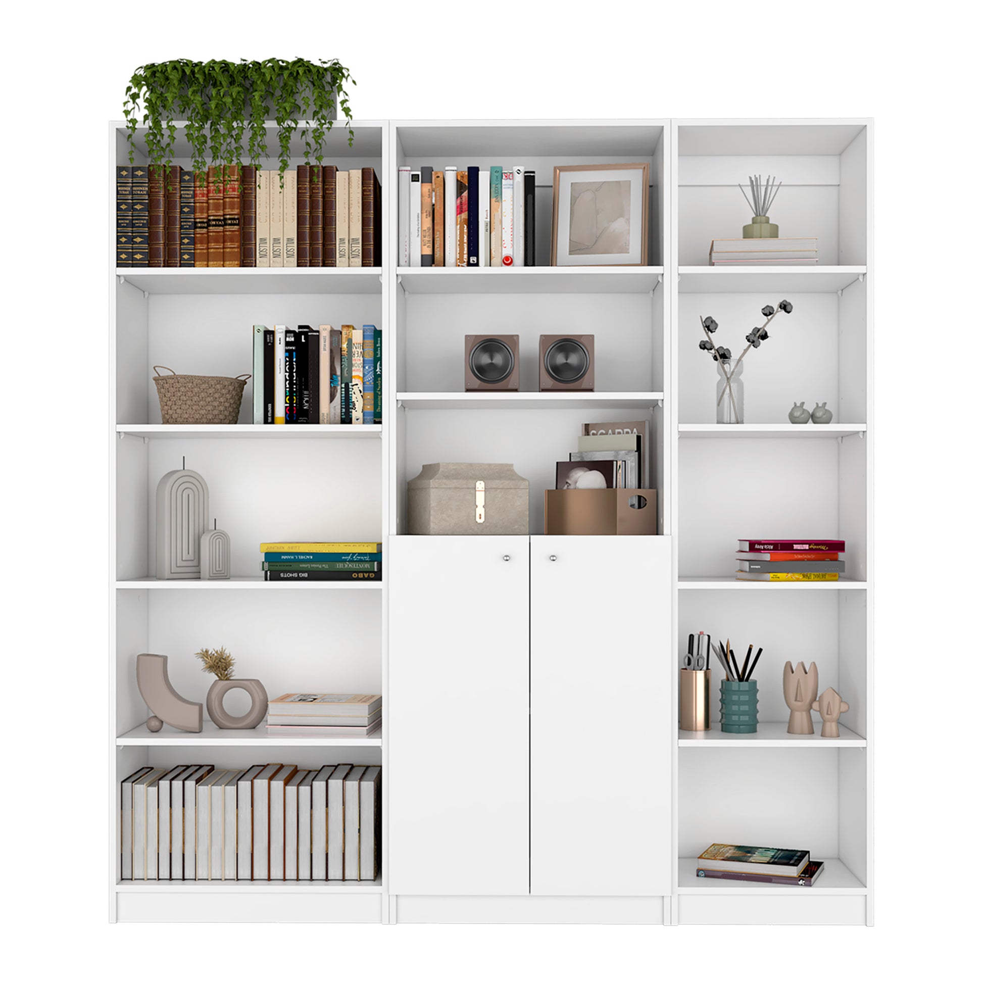 Platte 3 Piece Living Room Set With 3 Bookcases, White White Particle Board Engineered Wood