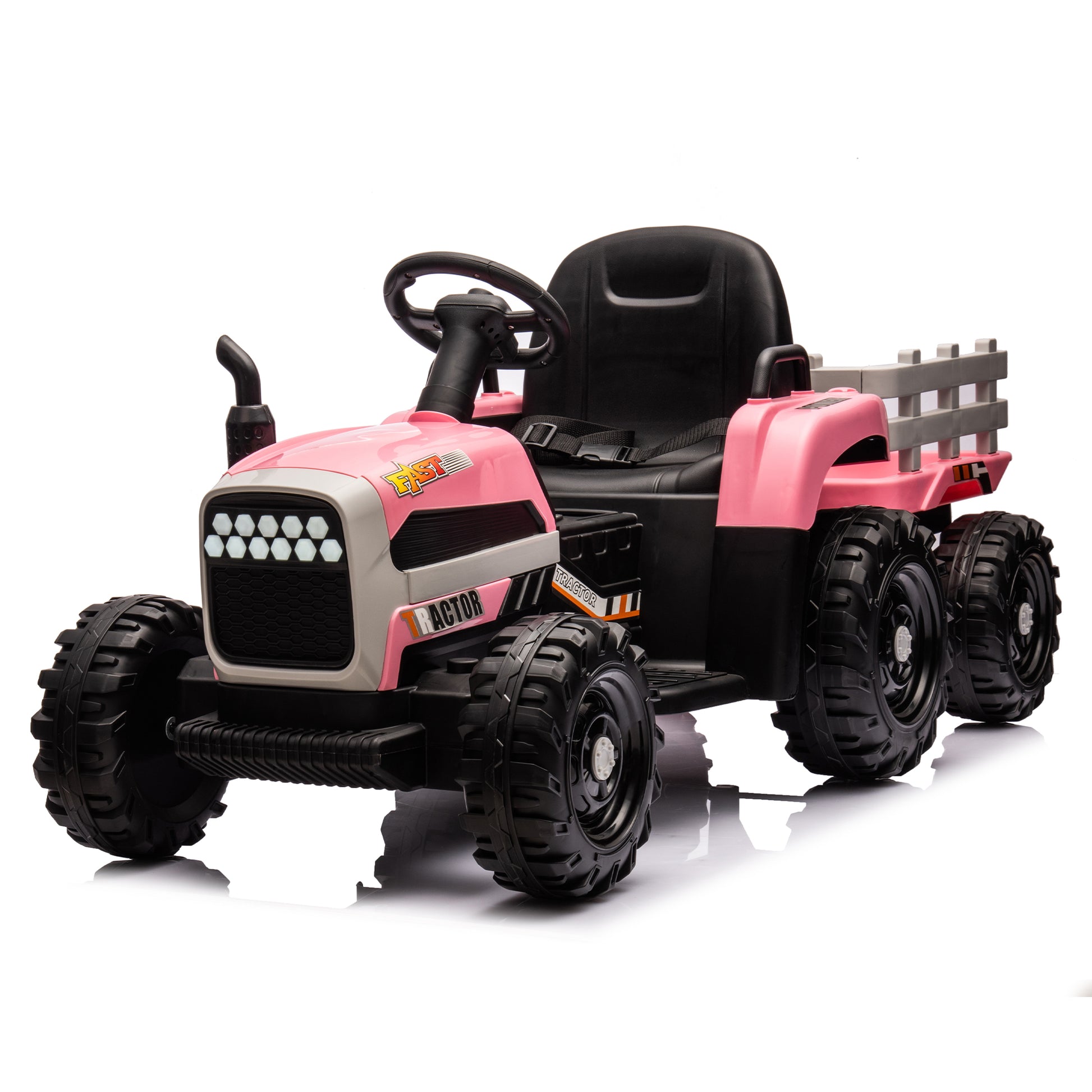 Ride On Tractor With Trailer,12V Battery Powered Electric Tractor Toy W Remote Control,Electric Car For Kids,Three Speed Adjustable,Power Display, Usb,Mp3 ,Bluetooth,Led Light,Two Point Safety Belt Pink Plastic