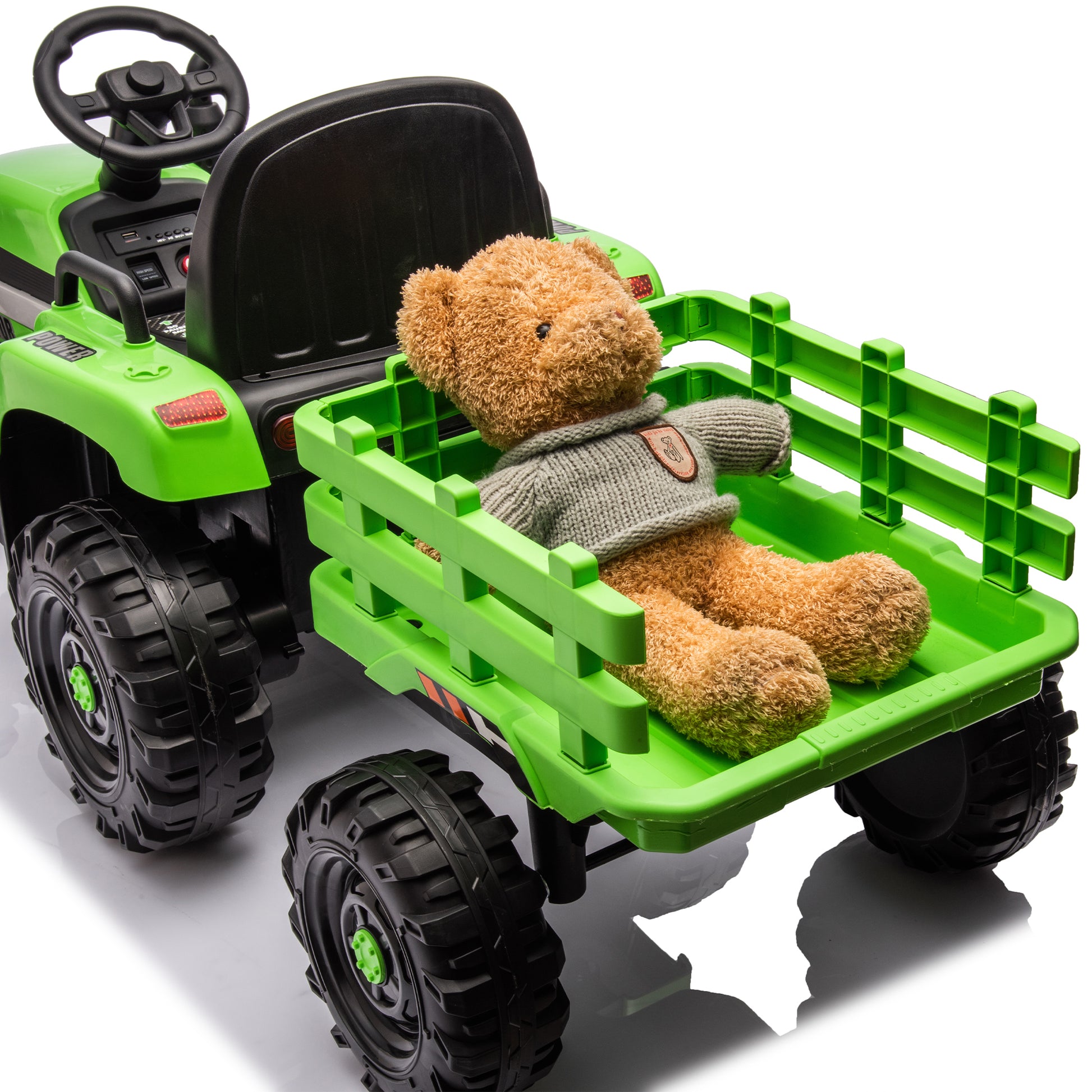 Ride On Tractor With Trailer,12V Battery Powered Electric Tractor Toy W Remote Control,Electric Car For Kids,Three Speed Adjustable,Power Display, Usb,Mp3 ,Bluetooth,Led Light,Two Point Safety Belt Green Plastic