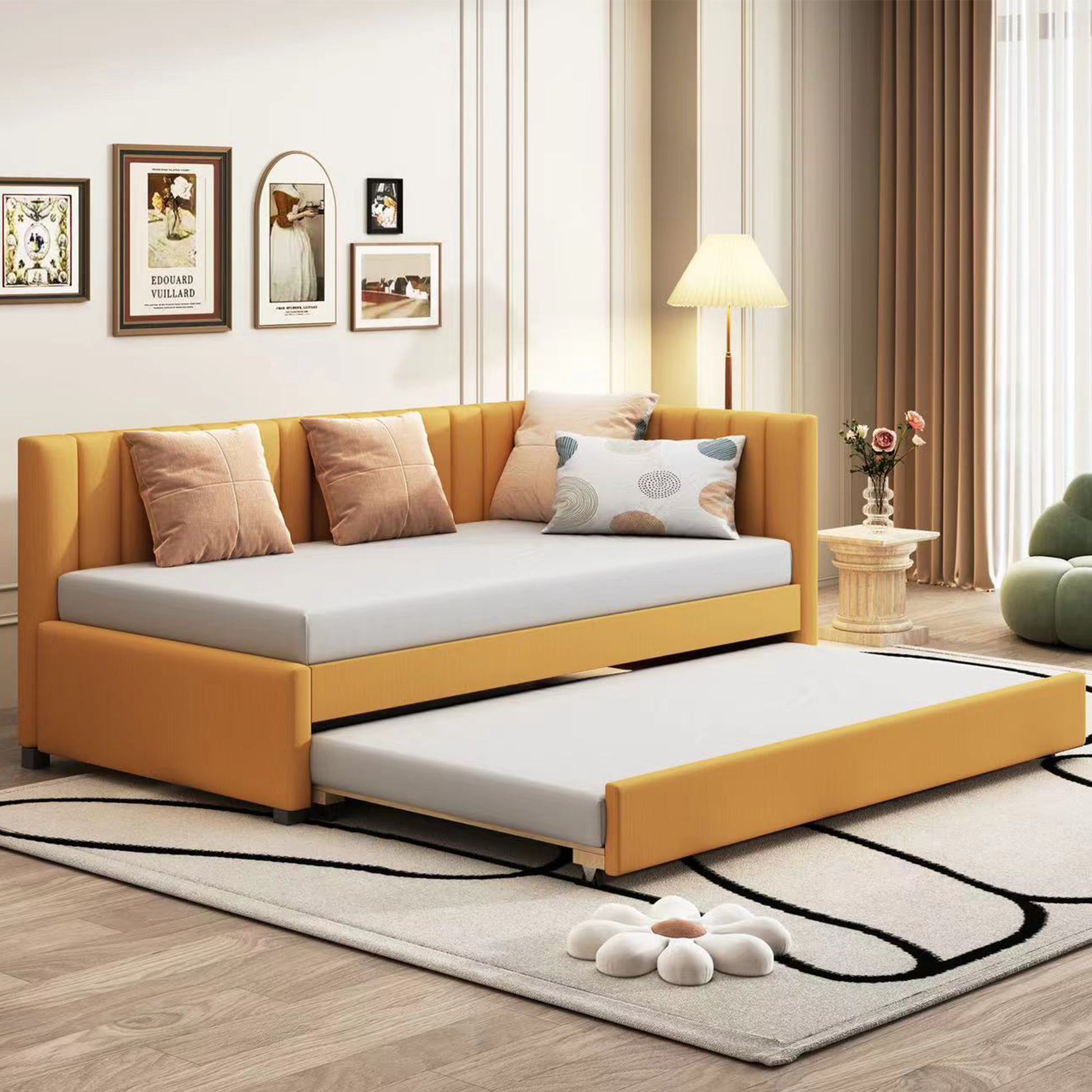 Upholstered Daybed With Trundle Twin Size Sofa Bed Frame No Box Spring Needed, Linen Fabric Yellow Yellow Linen