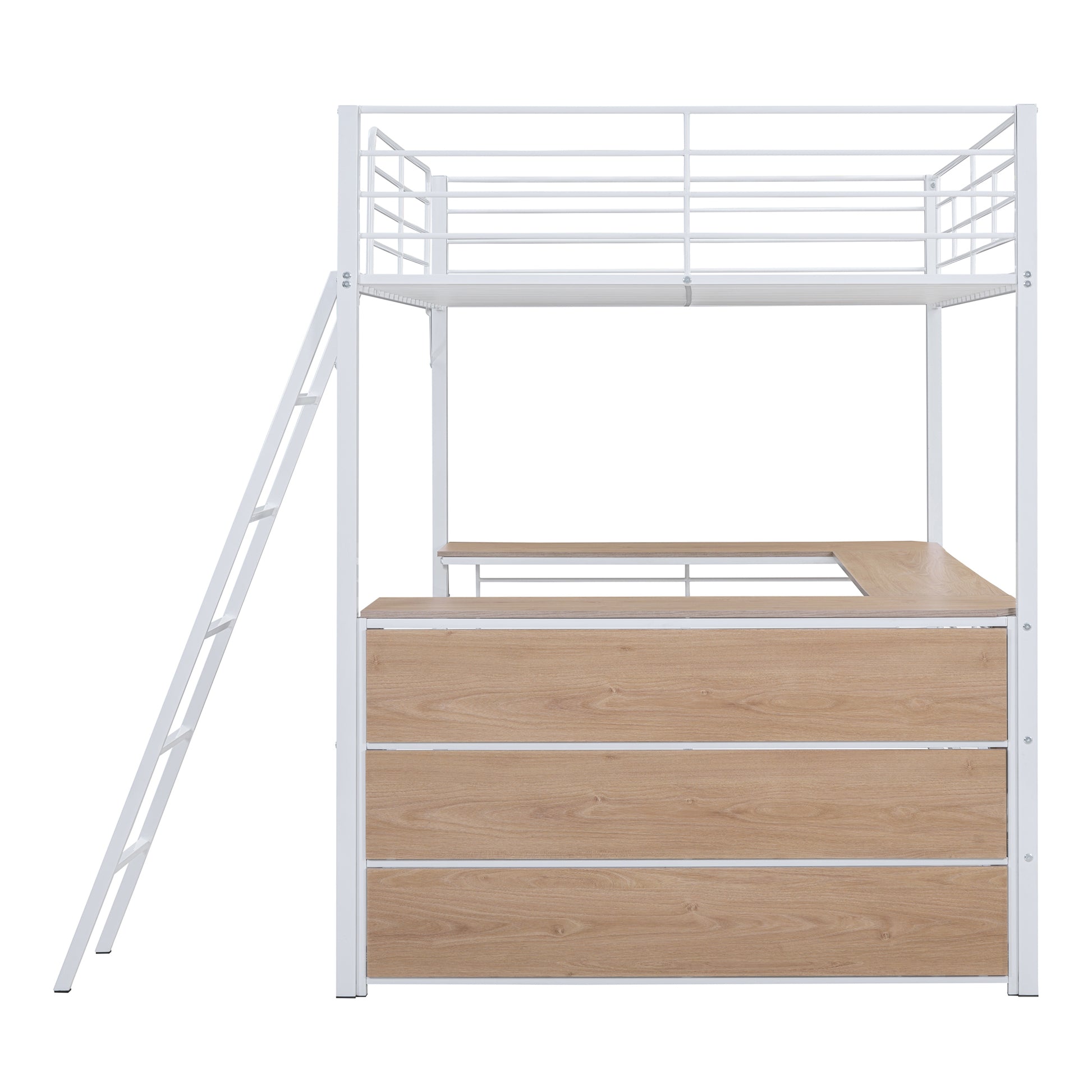 Full Size Metal Loft Bed With 3 Layers Of Shelves And L Shaped Desk, White White Metal