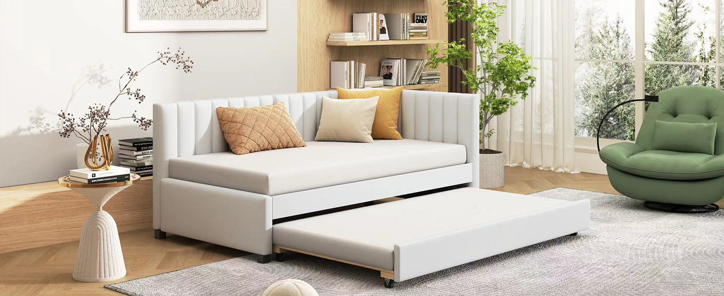 Upholstered Daybed With Trundle Twin Size Sofa Bed Frame No Box Spring Needed, Linen Fabric Beige Beige Linen