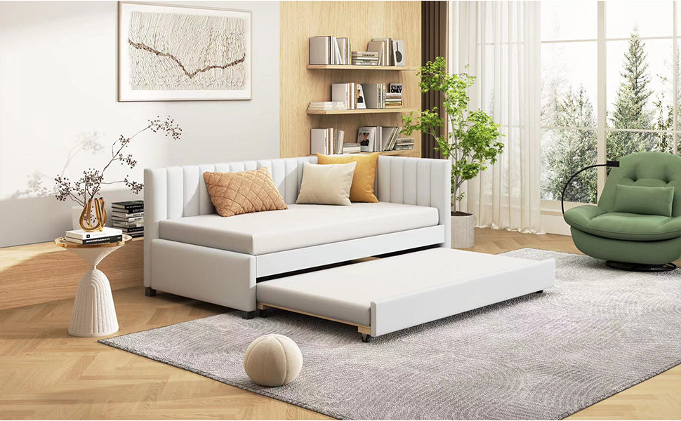 Upholstered Daybed With Trundle Twin Size Sofa Bed Frame No Box Spring Needed, Linen Fabric Beige Beige Linen