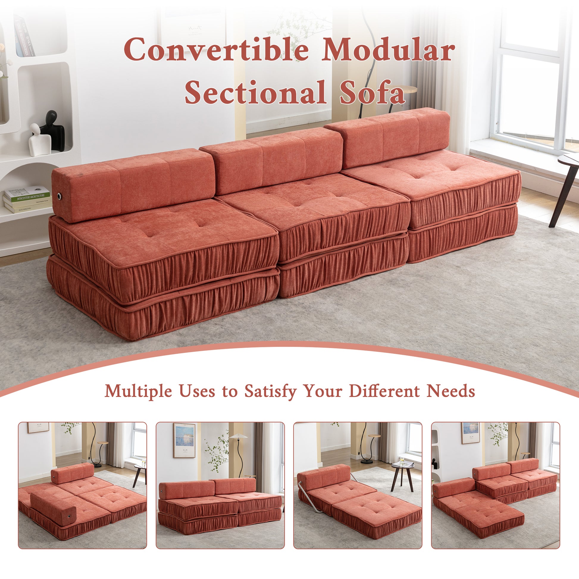 Folding Sofa Bed, Futon Sleeper Chair, Convertible Chair Floor Couch & Sleeping Mattress For Living Room, Guest Room, Home Office, Apartment, Small Space, Bed, Removable Back Cushion, Orange, 1 Seat Orange Chenille Primary Living Space Pillow Back Soft