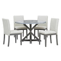 5 Piece Farmhouse Style Dining Table Set, Marble Sticker And Cross Bracket Pedestal Dining Table, And 4 Upholstered Chairs White Gray Upholstered Chair Wood White Gray Seats 4 Wood Dining Room Antique,Classic,Farmhouse Pedestal Round Dining Table With