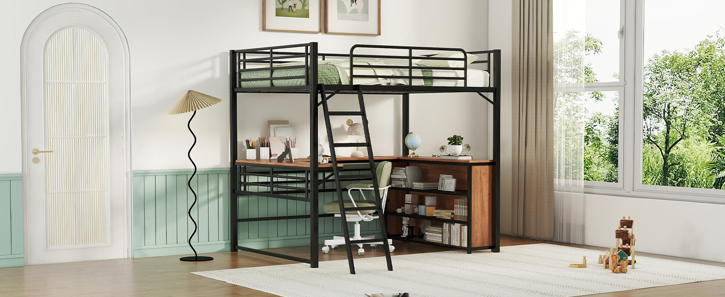 Full Size Metal Loft Bed With 3 Layers Of Shelves And L Shaped Desk, Black Black Metal