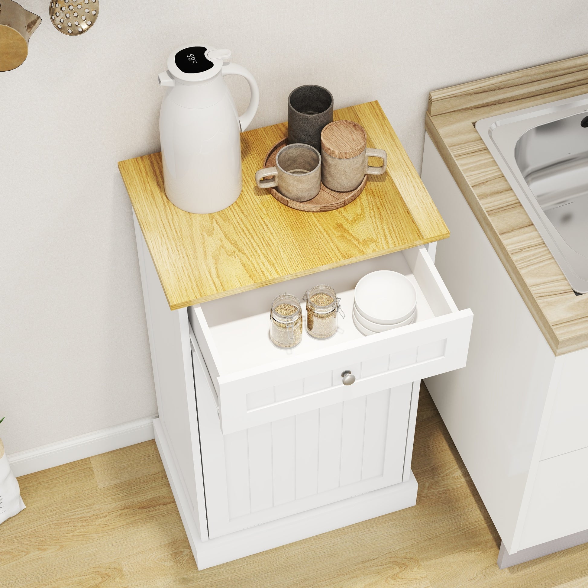 One Drawers And One Compartment Tilt Out Trash Cabinet Kitchen Trash Cabinet White White Mdf