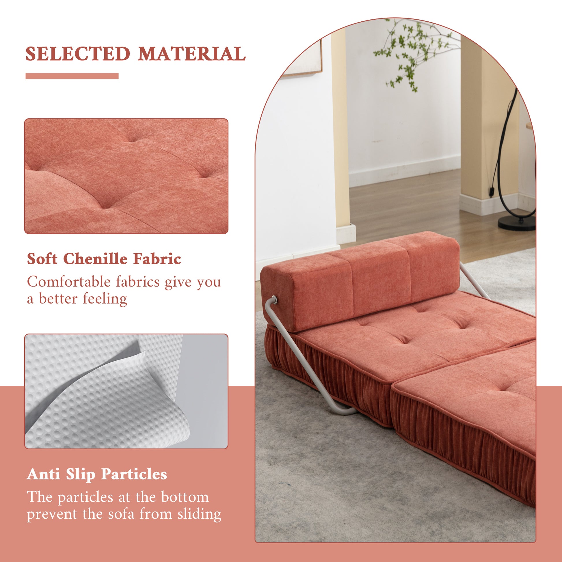 Folding Sofa Bed, Futon Sleeper Chair, Convertible Chair Floor Couch & Sleeping Mattress For Living Room, Guest Room, Home Office, Apartment, Small Space, Bed, Removable Back Cushion, Orange, 1 Seat Orange Chenille Primary Living Space Pillow Back Soft