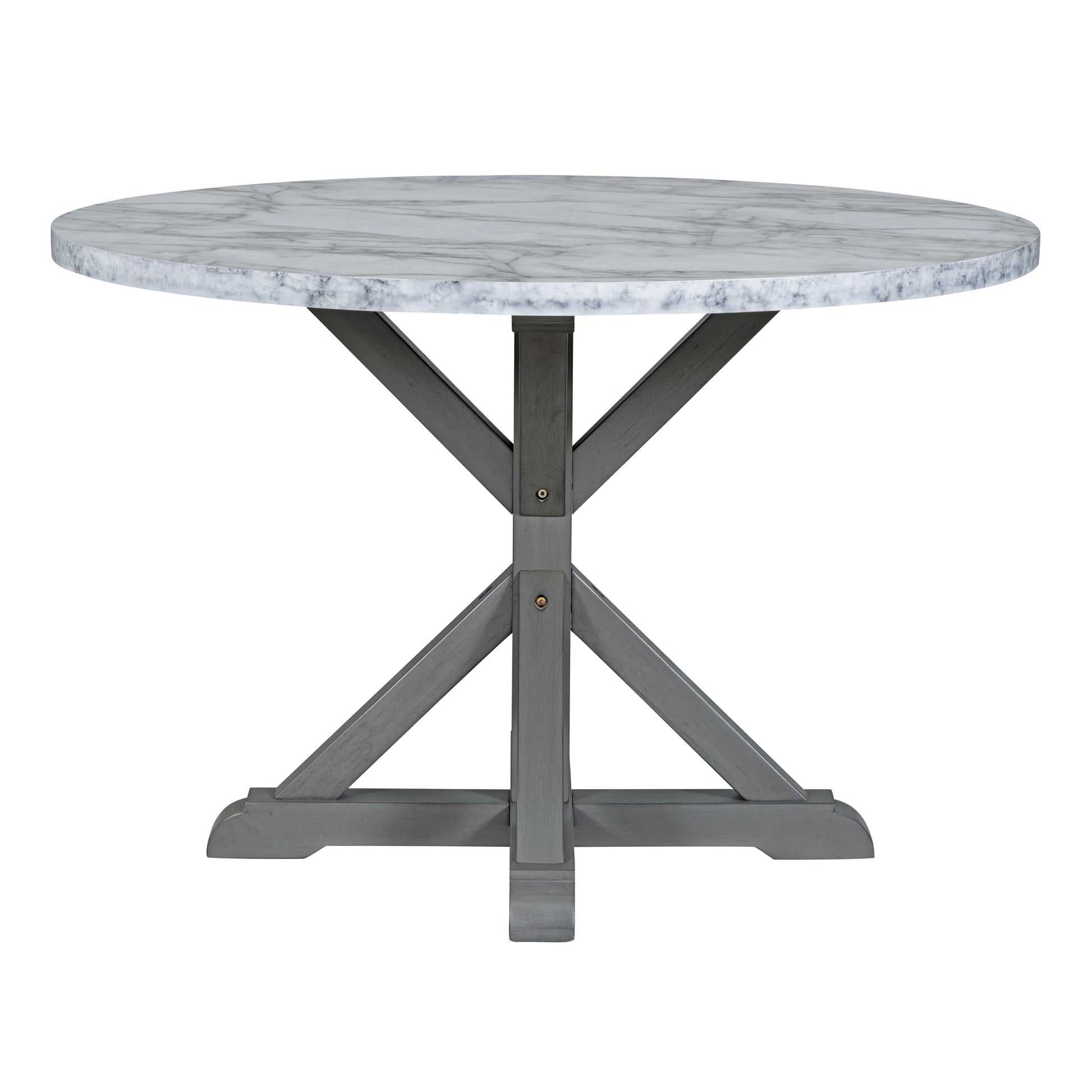 5 Piece Farmhouse Style Dining Table Set, Marble Sticker And Cross Bracket Pedestal Dining Table, And 4 Upholstered Chairs White Gray Upholstered Chair Wood White Gray Seats 4 Wood Dining Room Antique,Classic,Farmhouse Pedestal Round Dining Table With