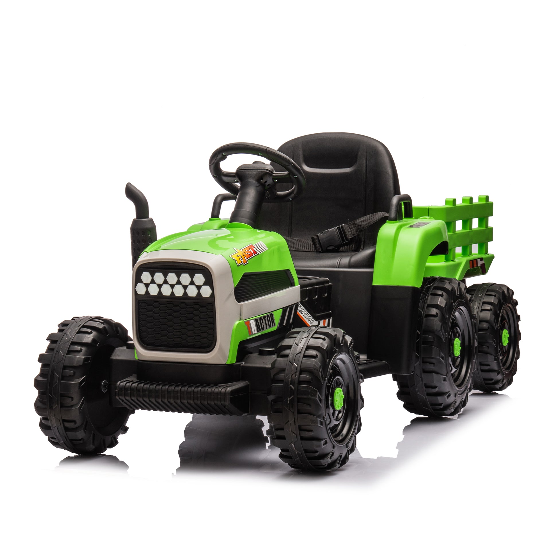 Ride On Tractor With Trailer,12V Battery Powered Electric Tractor Toy W Remote Control,Electric Car For Kids,Three Speed Adjustable,Power Display, Usb,Mp3 ,Bluetooth,Led Light,Two Point Safety Belt Green Plastic