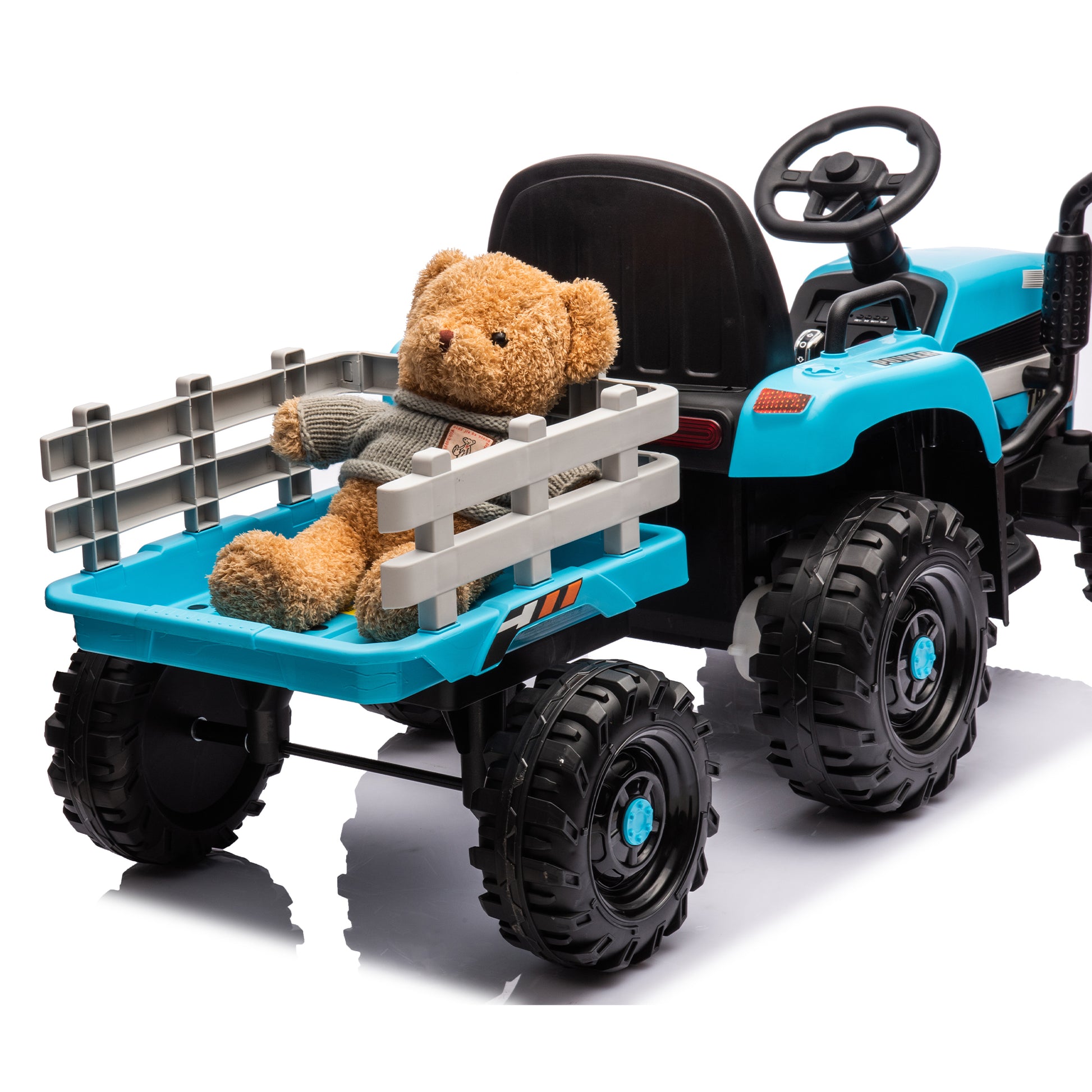 Ride On Tractor2.0 With Trailer,24V Battery Powered Electric Tractor Toy, 200W*2Motor 1.86 4.97Mph Remote Control,Electric Car For Kids,Three Speed Adjustable,Usb,Mp3 ,Bluetooth,Led Light, Safety Belt Blue Plastic