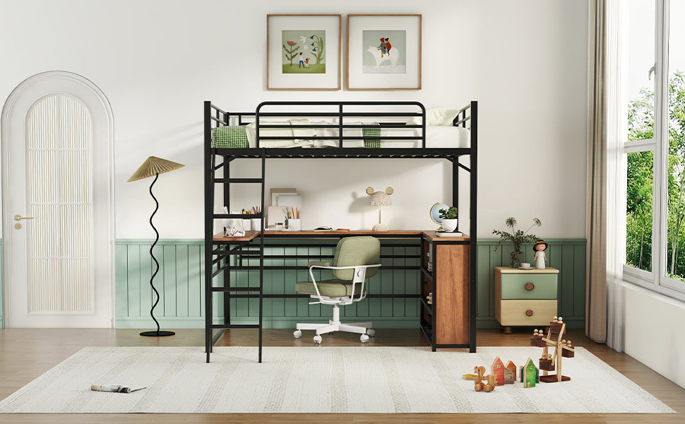 Full Size Metal Loft Bed With 3 Layers Of Shelves And L Shaped Desk, Black Black Metal