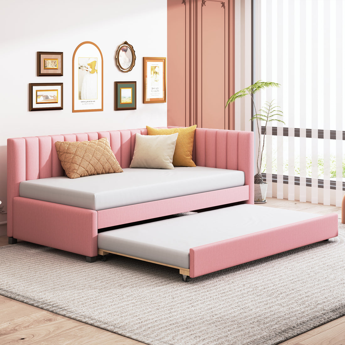 Upholstered Daybed With Trundle Twin Size Sofa Bed Frame No Box Spring Needed, Linen Fabric Pink Pink Linen