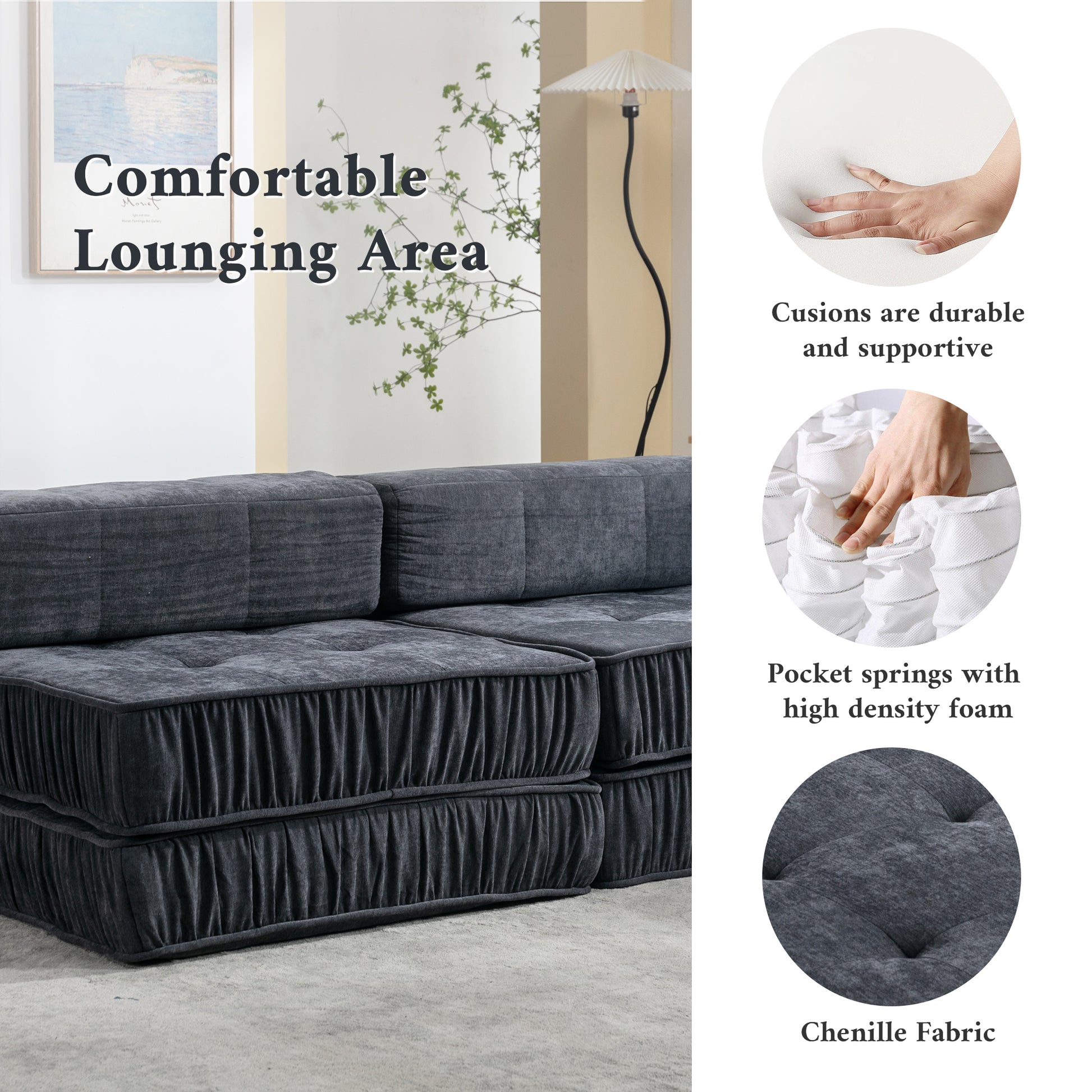 Folding Sofa Bed, Futon Sleeper Chair, Convertible Chair Floor Couch & Sleeping Mattress For Living Room, Guest Room, Home Office, Apartment, Small Space, Bed, Removable Back Cushion, Grey, 1 Seat Grey Chenille Primary Living Space Pillow Back Soft