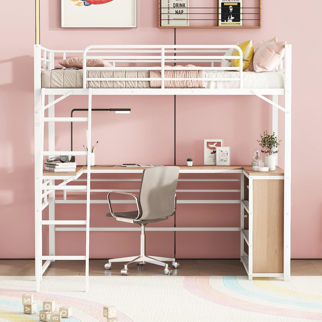 Twin Size Metal Loft Bed With 3 Layers Of Shelves And L Shaped Desk, White White Metal