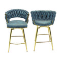 Bar Chair Suede Woven Bar Stool Set Of 4,Golden Legs Barstools No Adjustable Kitchen Island Chairs,360 Swivel Bar Stools Upholstered Bar Chair Counter Stool Arm Chairs With Back Footrest, Blue Metal Blue Kitchen Dining Chairs Foam Technical Leather