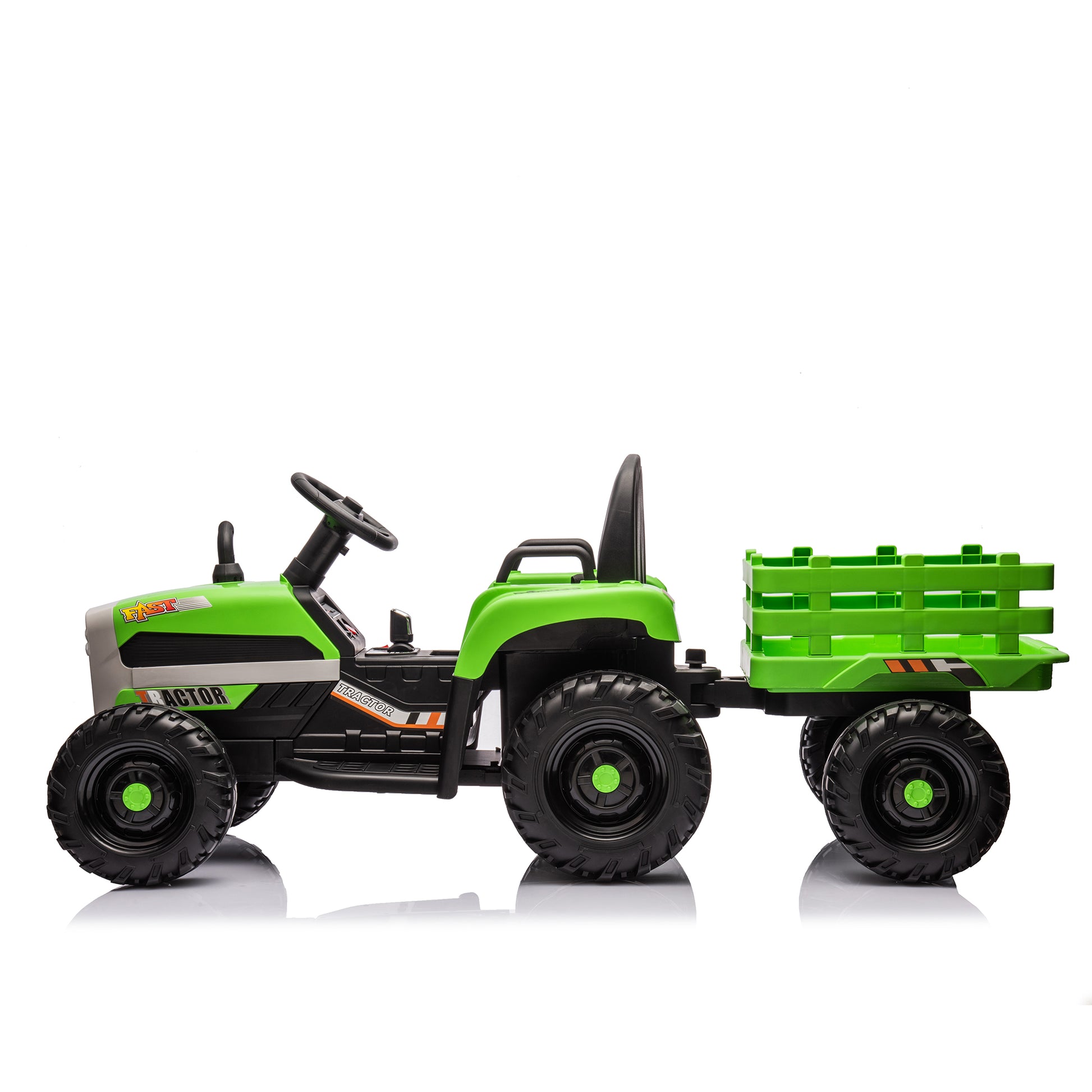 Ride On Tractor With Trailer,24V Battery Powered Electric Tractor Toy, 200W*2Motor 1.86 4.97Mph Remote Control,Electric Car For Kids,Three Speed Adjustable,Usb,Mp3 ,Bluetooth,Led Light, Safety Belt Green Plastic