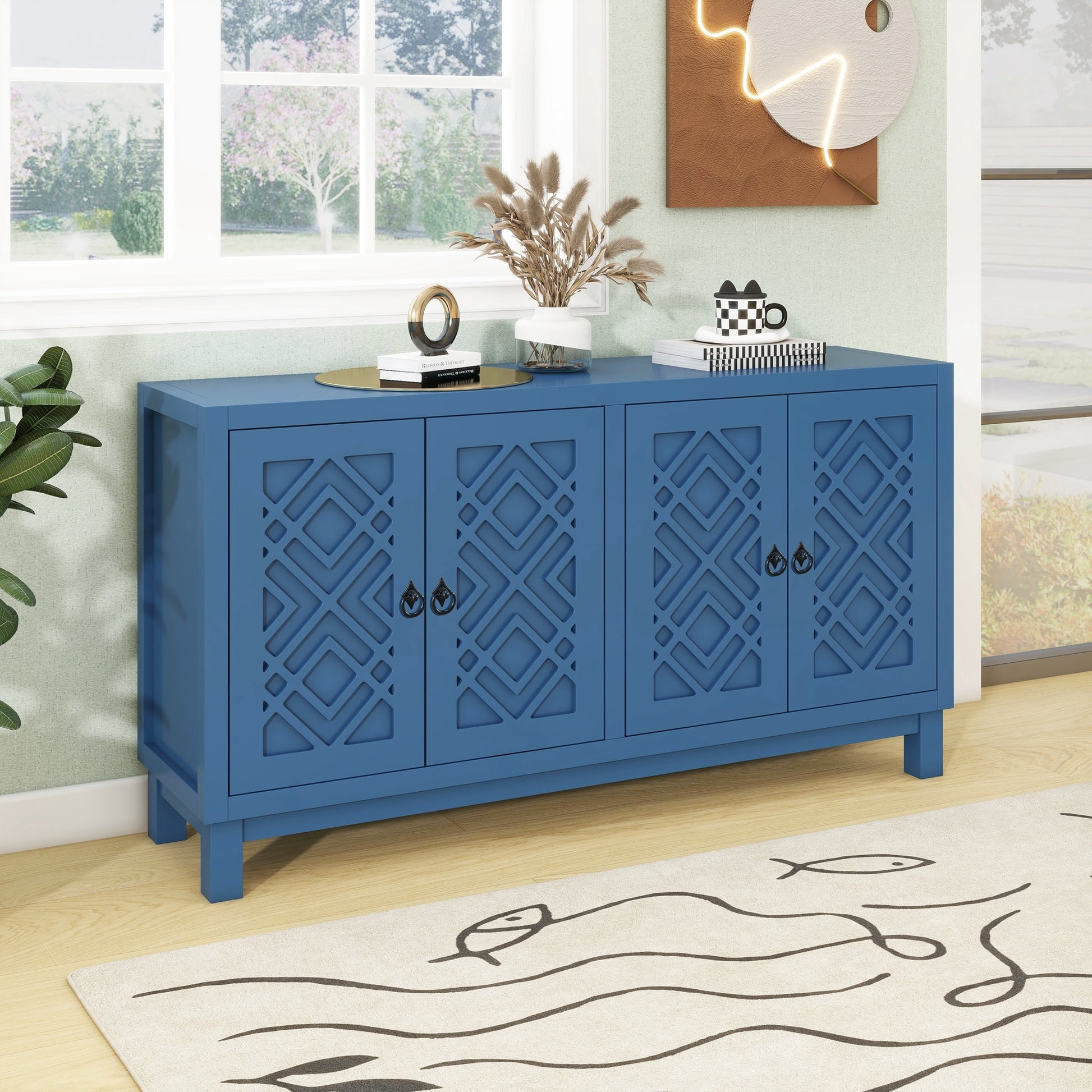 Large Storage Space Sideboard, 4 Door Buffet Cabinet With Pull Ring Handles For Living Room, Dining Room Navy Navy Mdf