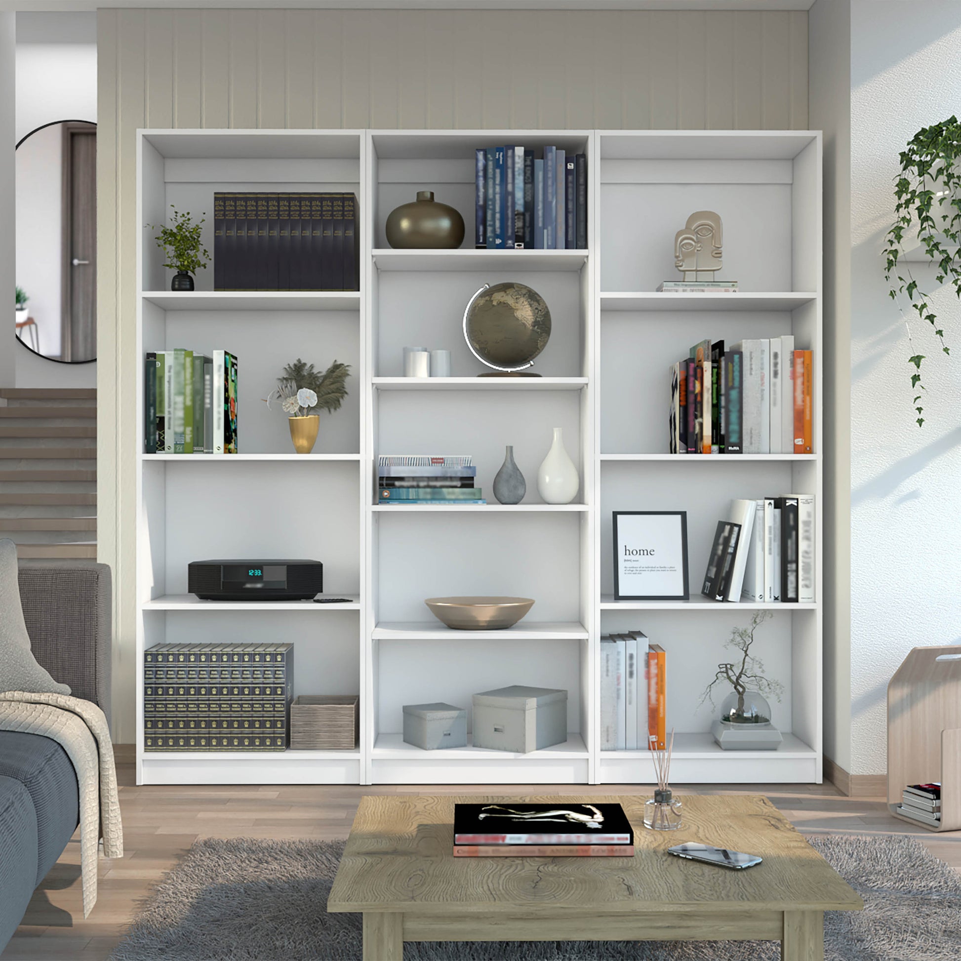 Chelton 3 Piece Living Room Set With 3 Bookcases, Matt Gray White White Particle Board Engineered Wood