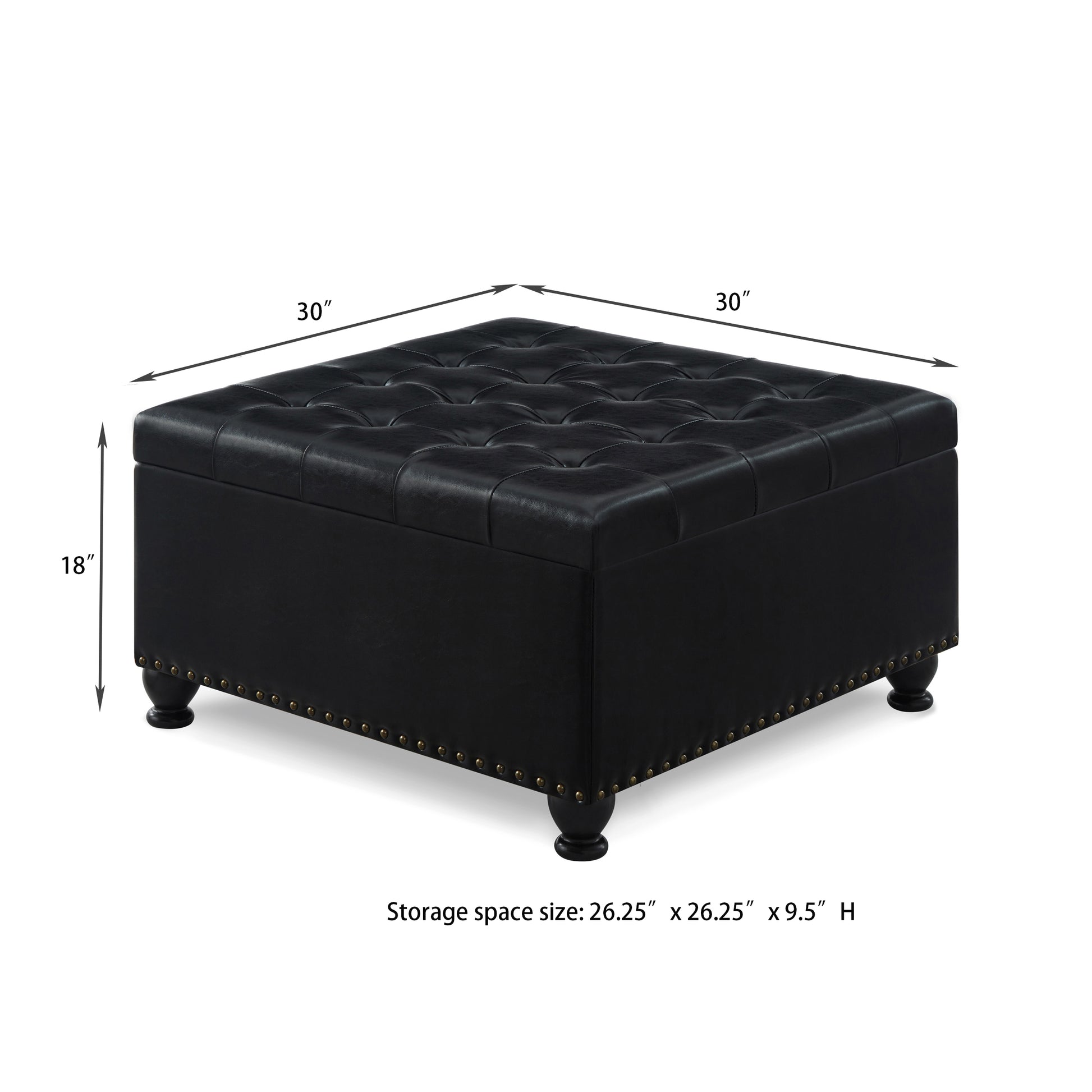 Large Square Storage Ottoman With Wooden Legs, Upholstered Button Tufted Coffee Table With Nail Trims For Living Space, Black Espresso Wood Primary Living Space Black Solid Rubberwood Wood With Storage Black Pu Faux Leather Faux Leather Backless Medium