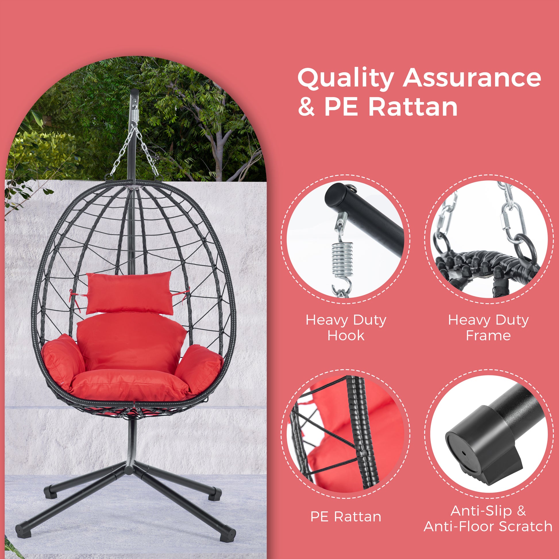 Egg Chair With Stand Indoor Outdoor Swing Chair Patio Wicker Hanging Egg Chair Hanging Basket Chair Hammock Chair With Stand For Bedroom Living Room Balcony Yes Sectional Red Water Resistant Frame Water Resistant Cushion Garden & Outdoor American Design